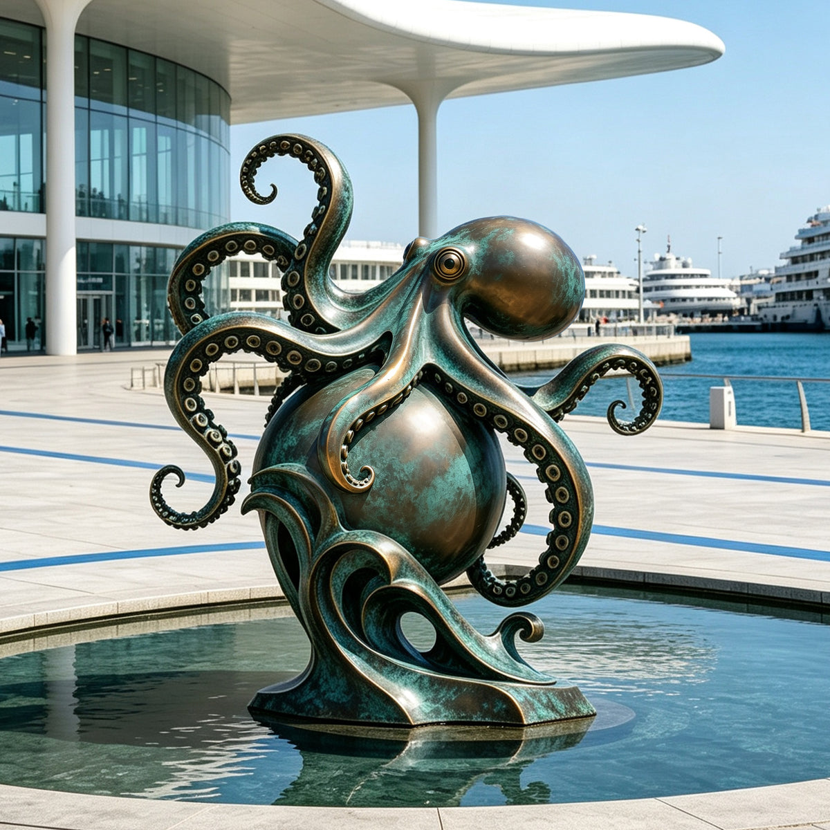 Bronze octopus water feature sculpture displayed in a modern marina landscape beside luxury yachts