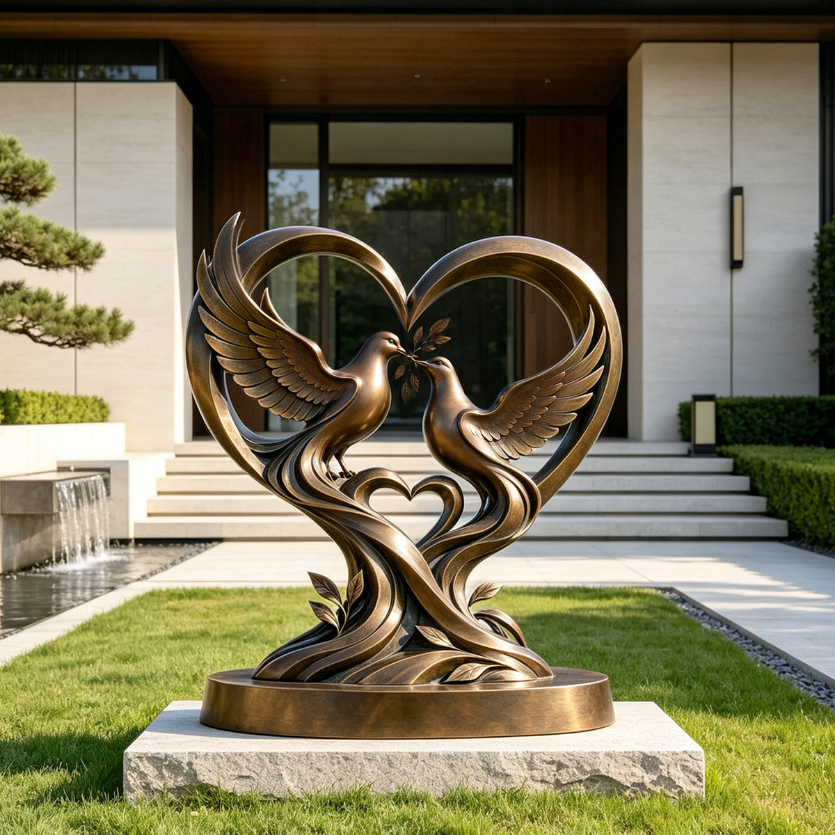 Outdoor bronze dove and heart sculpture featuring two peace doves with an olive branch displayed in a modern luxury home garden
