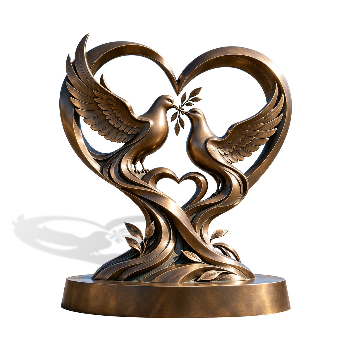Bronze sculpture of two peace doves holding an olive branch inside an open heart design with detailed wings and flowing decorative forms