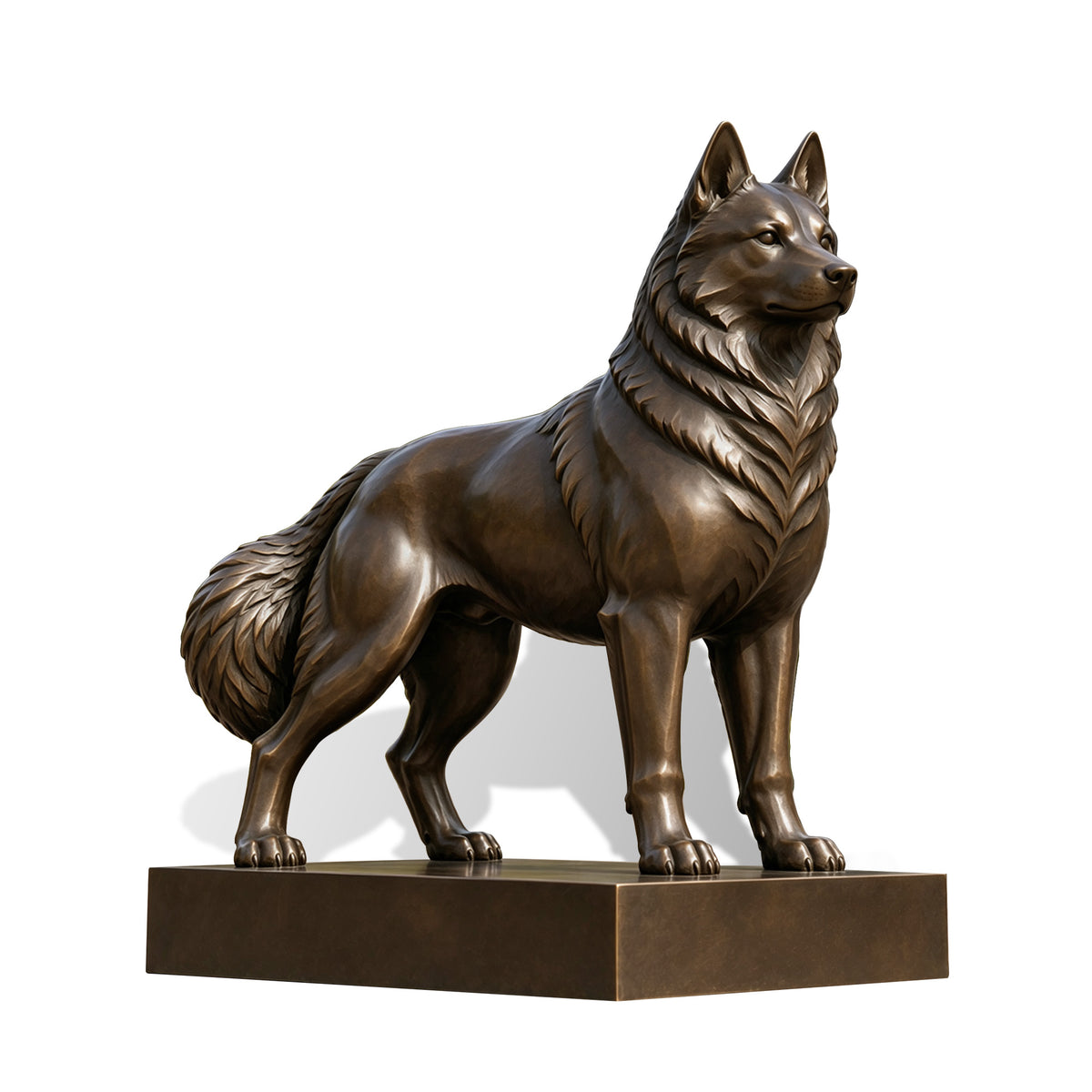 Realistic standing bronze Siberian Husky dog sculpture with upright ears, thick layered neck fur, bushy tail and rectangular bronze base