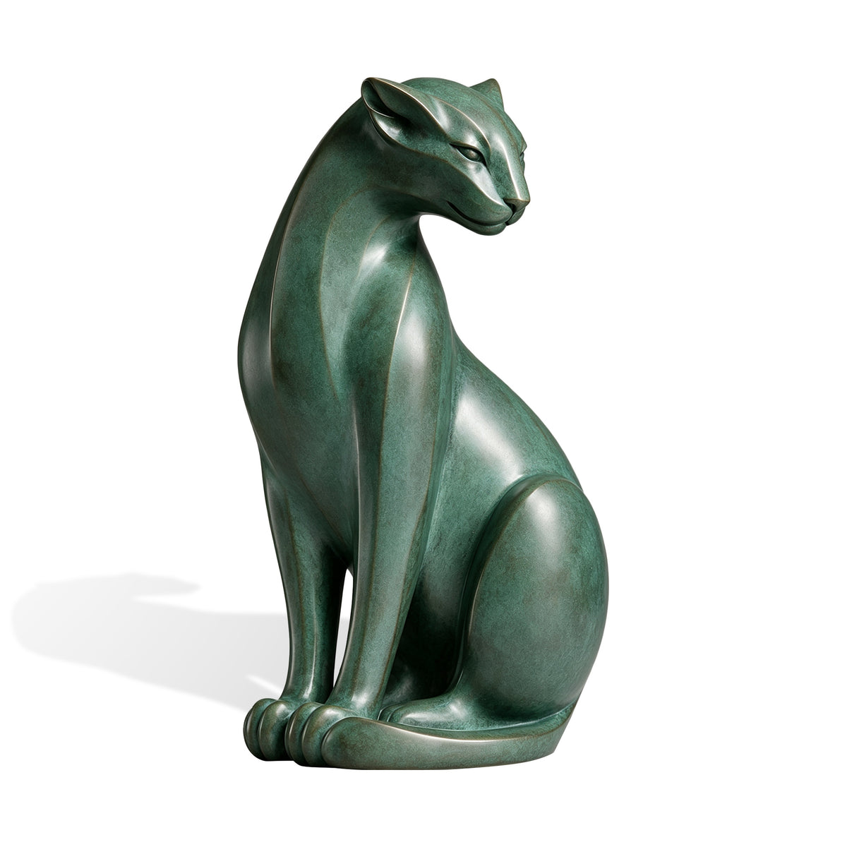 Stylized seated bronze panther sculpture with green patina, elongated front legs, curved tail and smooth contemporary lines