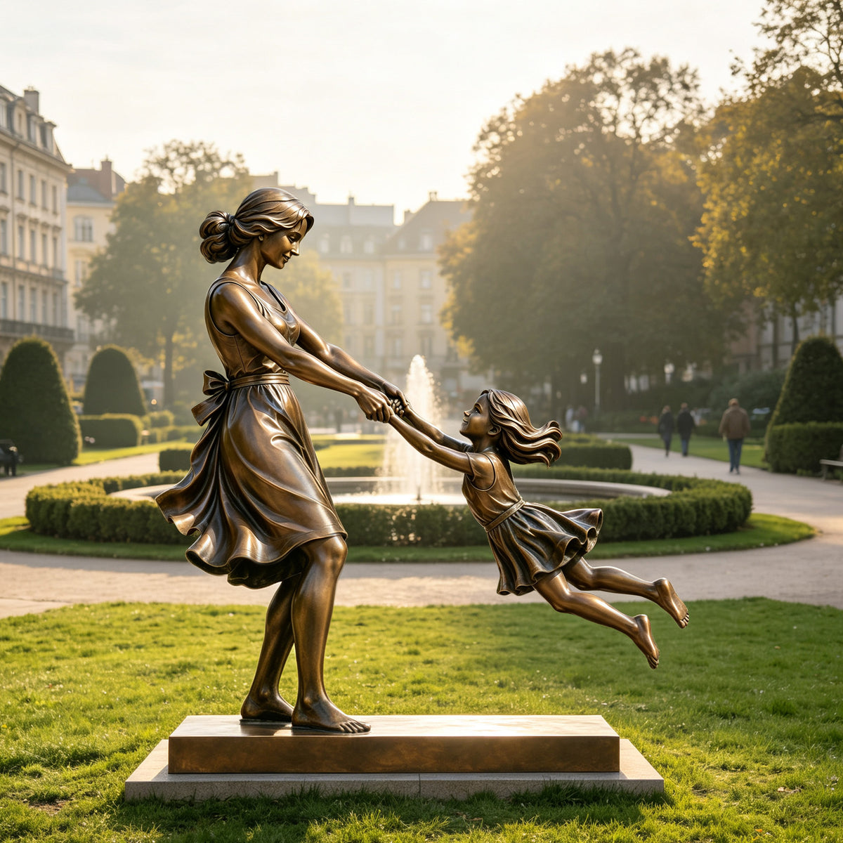 Bronze mother and child statue depicting a joyful mother swinging her daughter by the hands in a landscaped public park with a fountain