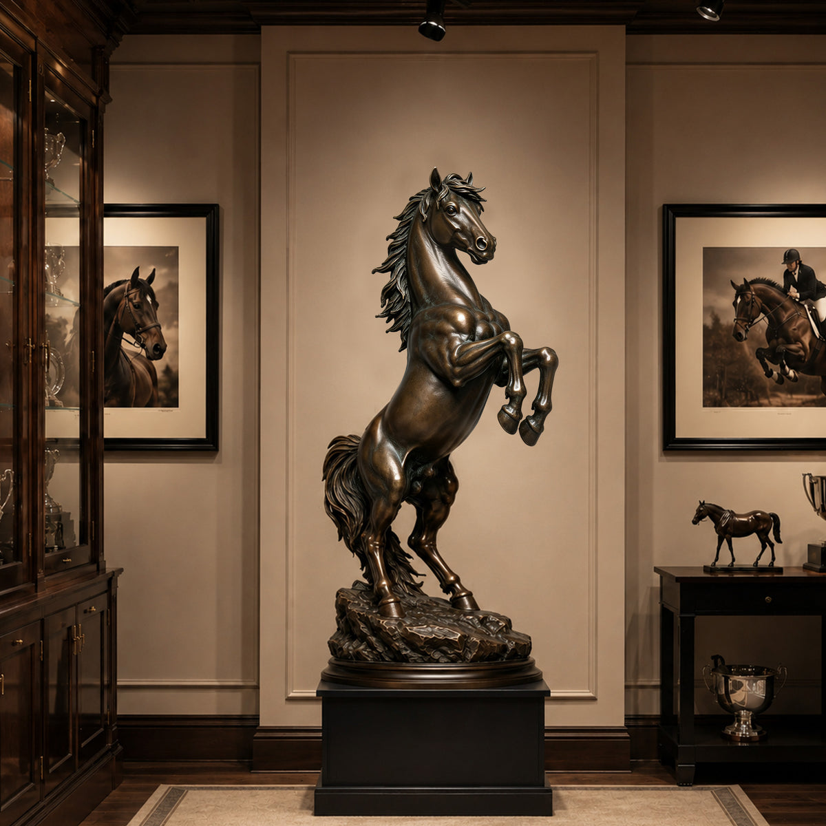 Large rearing bronze horse sculpture displayed on a black pedestal in an elegant equestrian-inspired interior, surrounded by framed horse artwork and classic dark wood furnishings.
