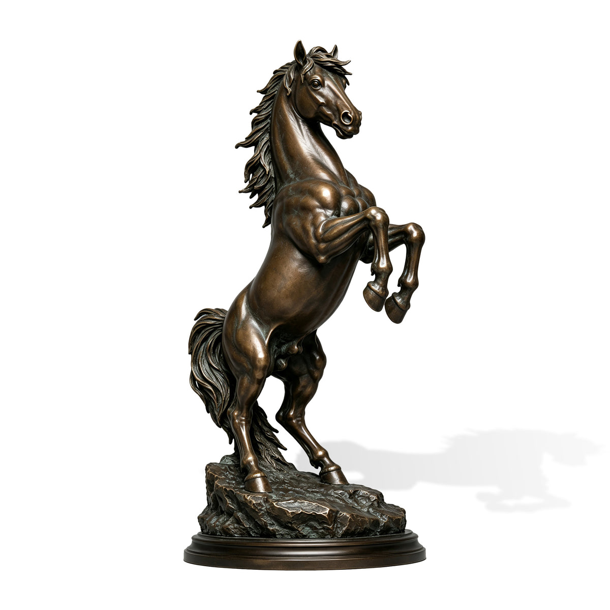 Detailed bronze sculpture of a powerful rearing stallion with raised front legs, defined musculature, flowing mane and tail, standing on a textured rocky base with an antique bronze patina.