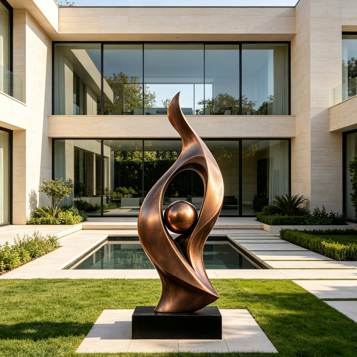 Large abstract bronze sculpture with sweeping ribbon-like curves surrounding a central bronze sphere, displayed on a black pedestal in the landscaped courtyard of a modern luxury residence.