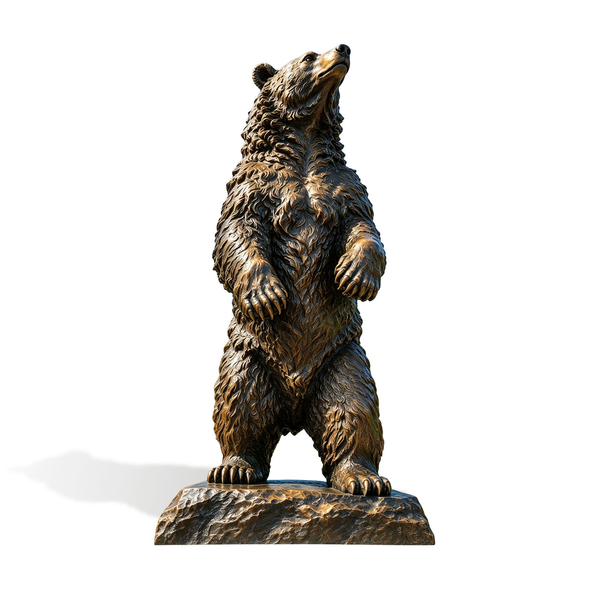 Lifelike standing bear bronze sculpture with its head raised and front paws lifted, featuring deeply textured fur, detailed claws and facial features, warm bronze highlights, and a rugged rock-style base.