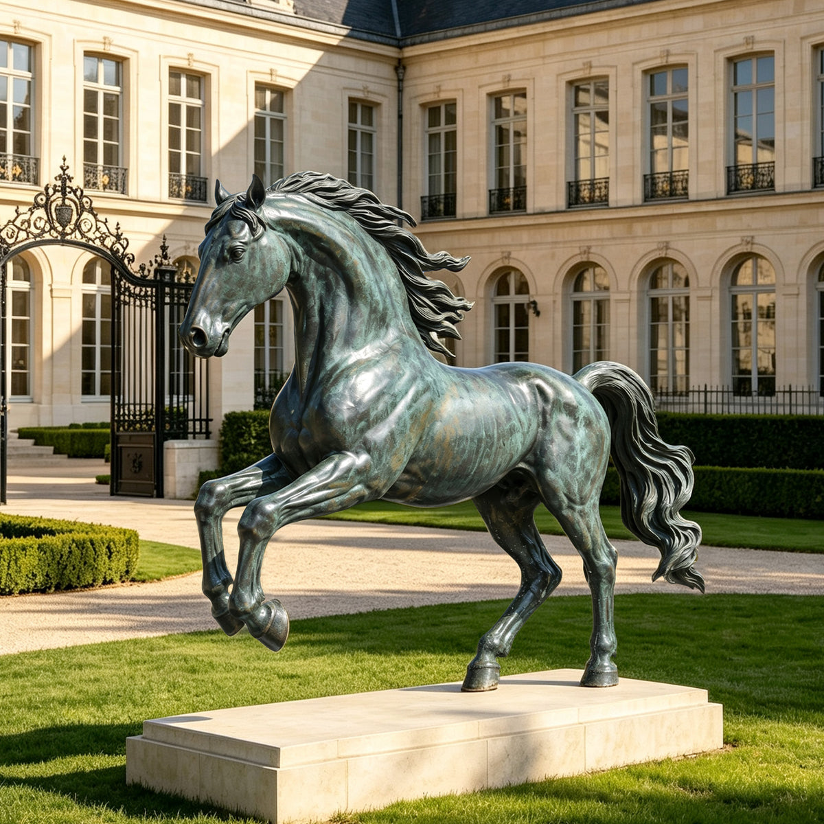 Majestic bronze stallion statue with lifted forelegs, flowing mane and tail, and blue-green verdigris patina, installed on a rectangular stone plinth in a classical estate garden.
