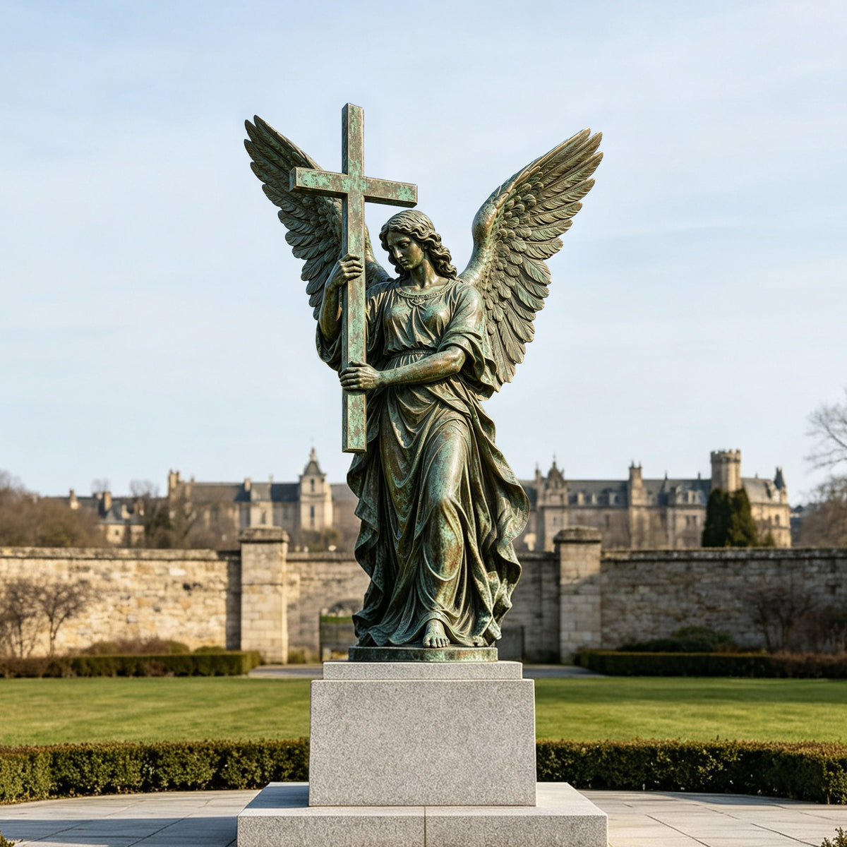 Bronze memorial angel statue with large feathered wings, bowed head, and a tall Christian cross held in both hands, displayed on a stone pedestal in a landscaped cemetery garden.