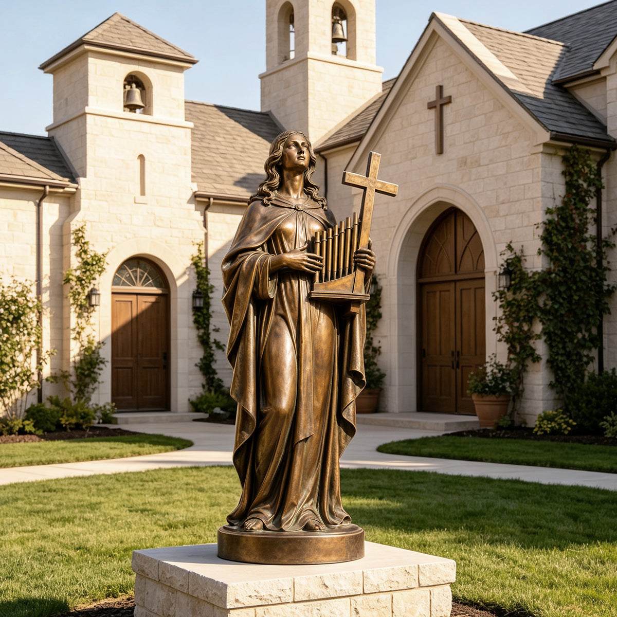 Saint Cecilia bronze statue holding a pipe organ and Christian cross, displayed on a stone pedestal outside a church, with an upward gaze and flowing robes.