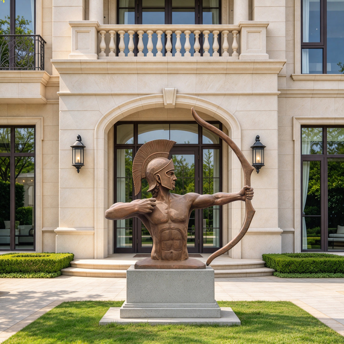 Large bronze archer warrior statue displayed on a stone pedestal outside a luxury mansion entrance, featuring a muscular Greek-style warrior drawing a bow.
