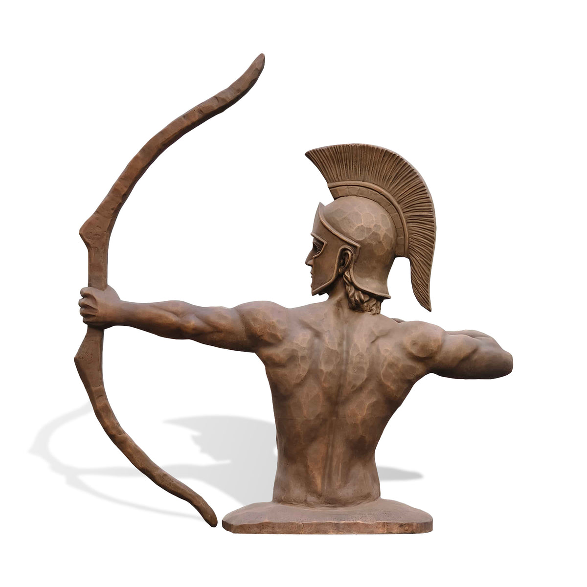 Rear view of a classical bronze warrior archer statue highlighting sculpted back muscles, helmet crest and the long curved bow held in an extended arm.