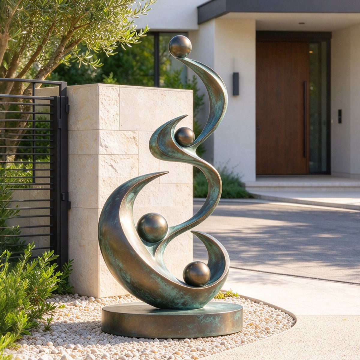 Abstract bronze growth sculpture with ascending curved forms and four metallic spheres displayed at a contemporary home entrance.