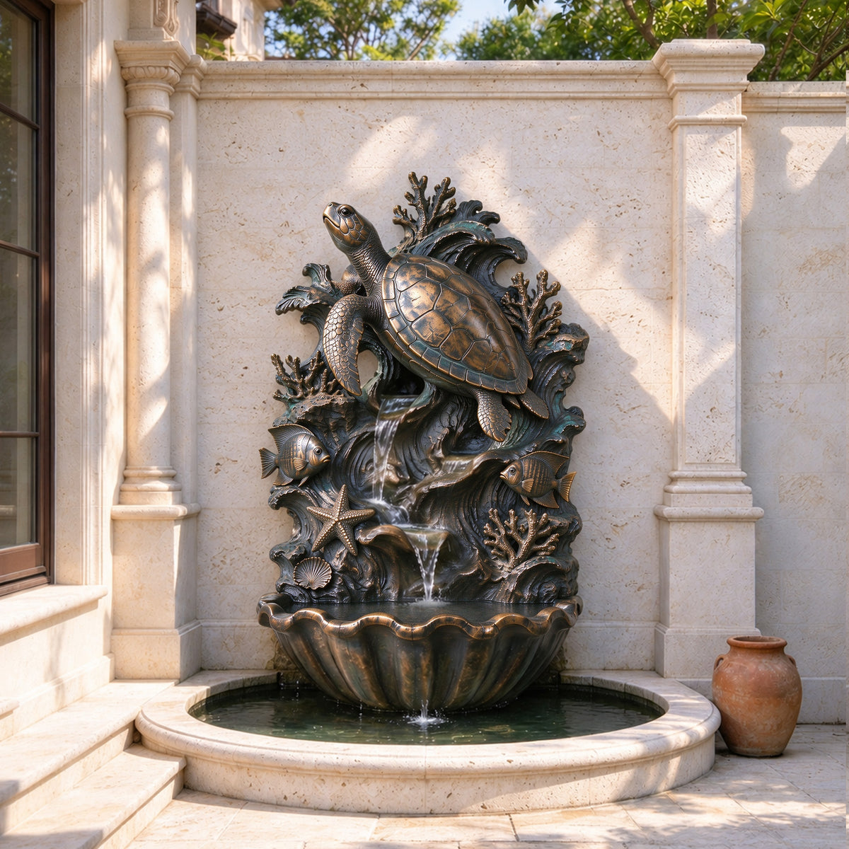 Ocean-themed bronze wall fountain installed against a light stone wall in a luxury courtyard, with a sea turtle, coral reef details, and cascading water flowing into a shell-shaped basin above a garden pool.