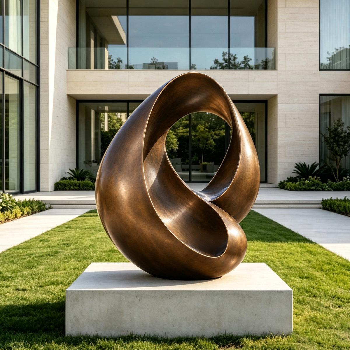 Large contemporary bronze loop sculpture with sweeping folded ribbon curves and an open center, displayed on a stone pedestal in the landscaped garden of a luxury modern villa.