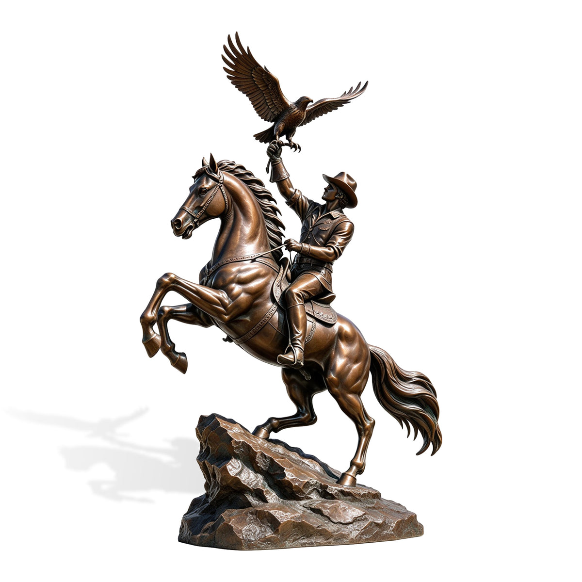 Detailed bronze cowboy riding a rearing horse with a raised eagle on a bronze rocky shaped base