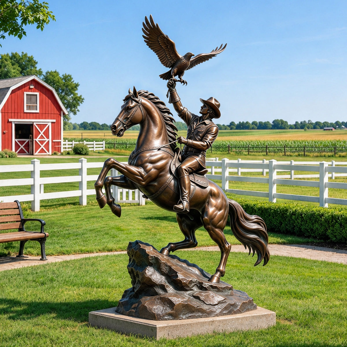 Bronze cowboy on a rearing horse holding an eagle sculpture displayed in a landscaped farm setting