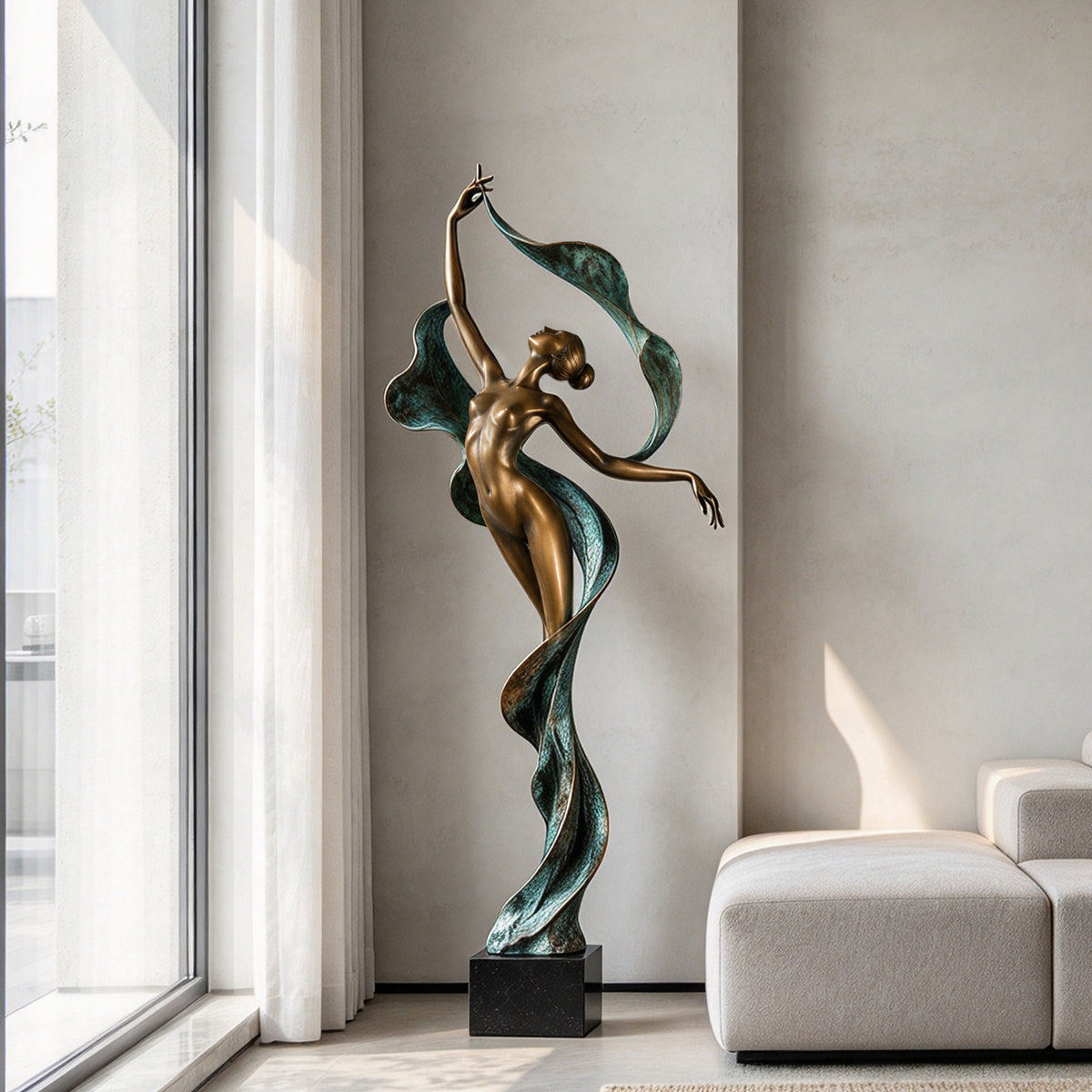 Ribbon Muse bronze female figure sculpture with flowing teal patina ribbons displayed beside a floor-to-ceiling window in a modern luxury living room