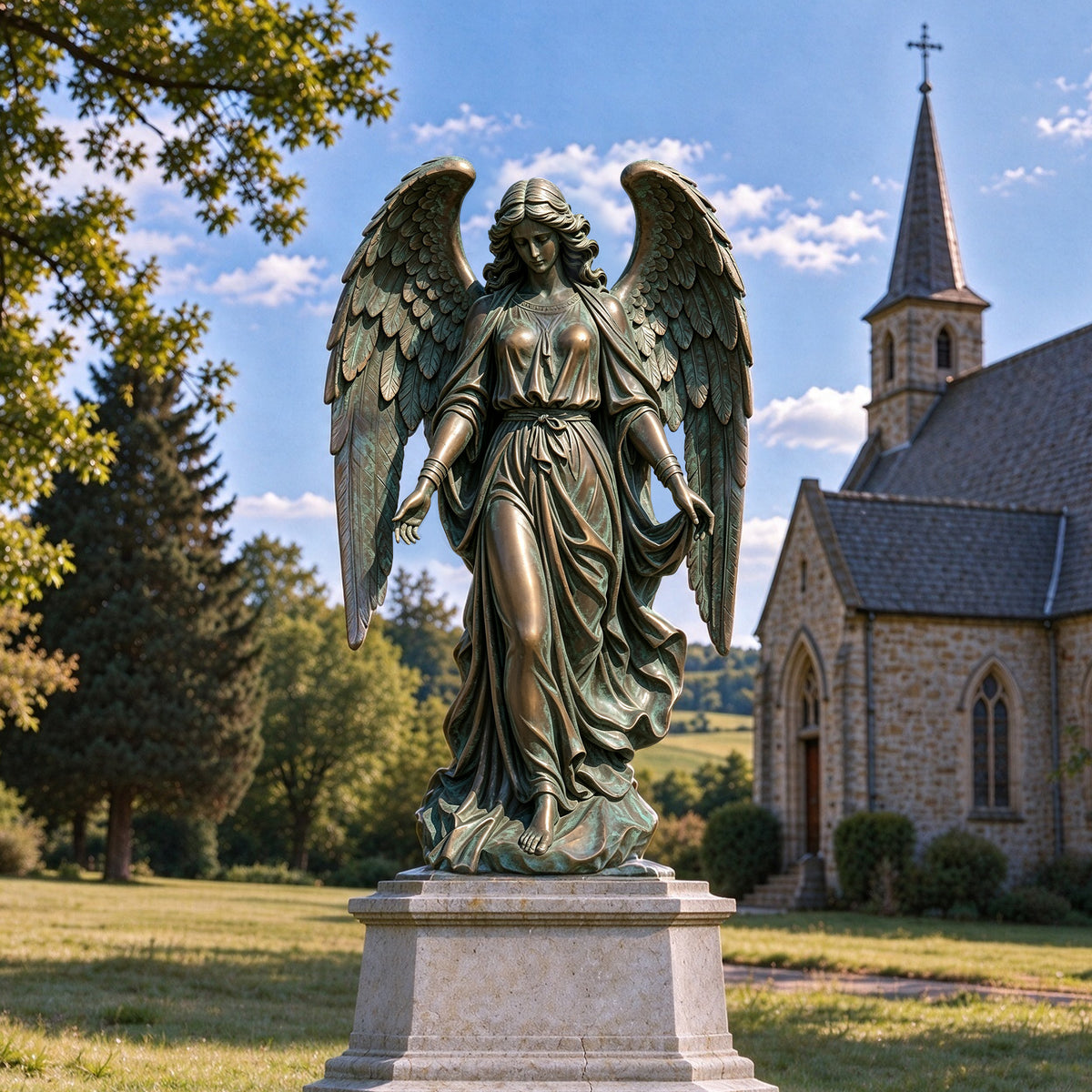 Bronze angel statue with raised feathered wings, a gently bowed head and open hands, wearing flowing robes with green patina and warm bronze highlights, displayed on a stone pedestal beside a church in a landscaped garden.