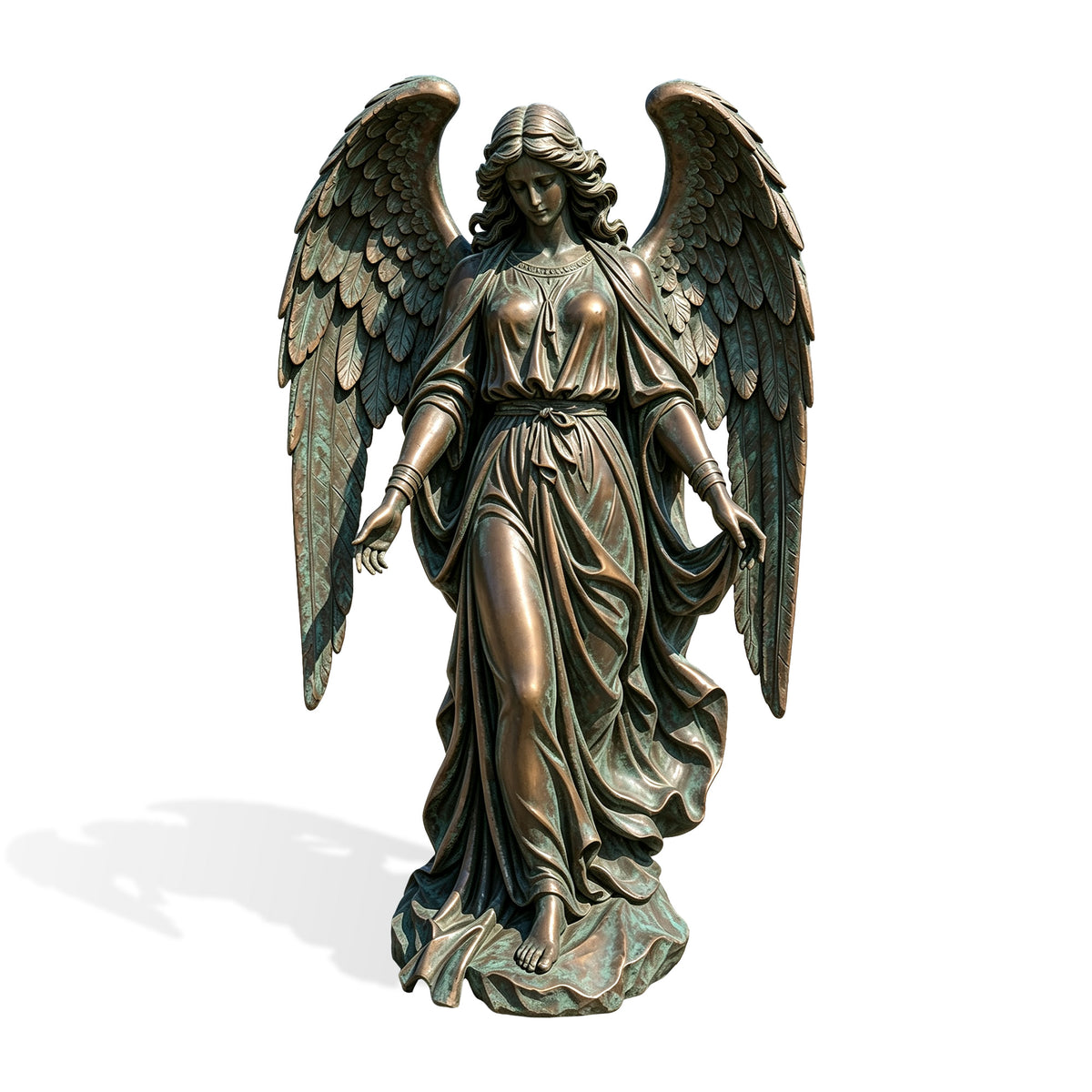 Front view of a bronze angel statue with long wavy hair, downcast eyes, open hands and tall feathered wings framing the figure. A belted robe falls in deep folds over a textured base, with verdigris patina in the recesses and warm bronze highlights against a white background.