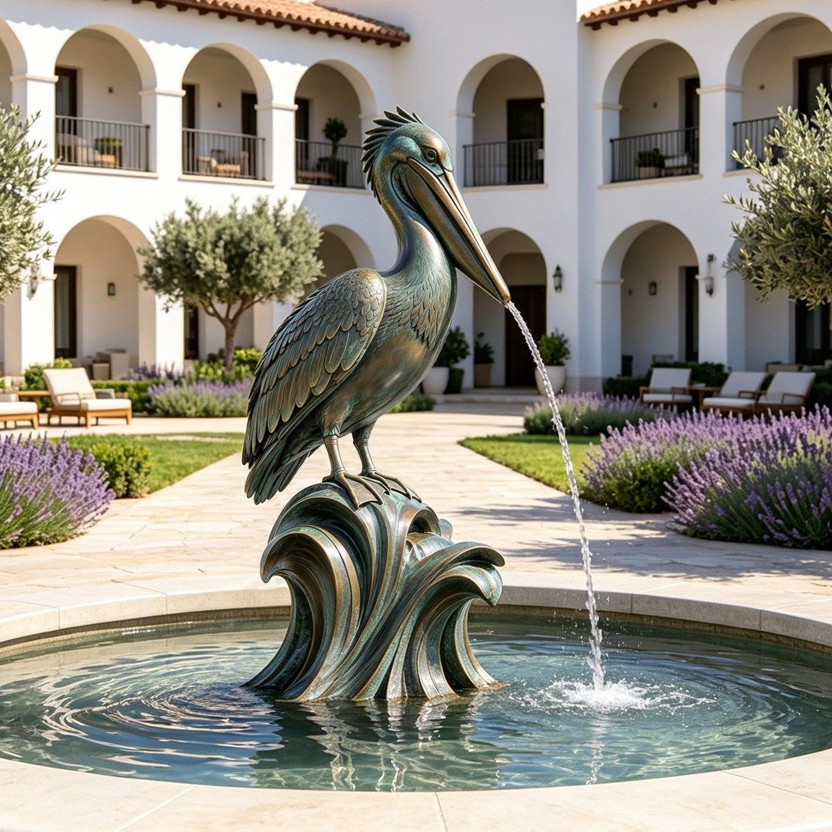 Bronze pelican fountain sculpture with a flowing water feature displayed in a landscaped garden courtyard.