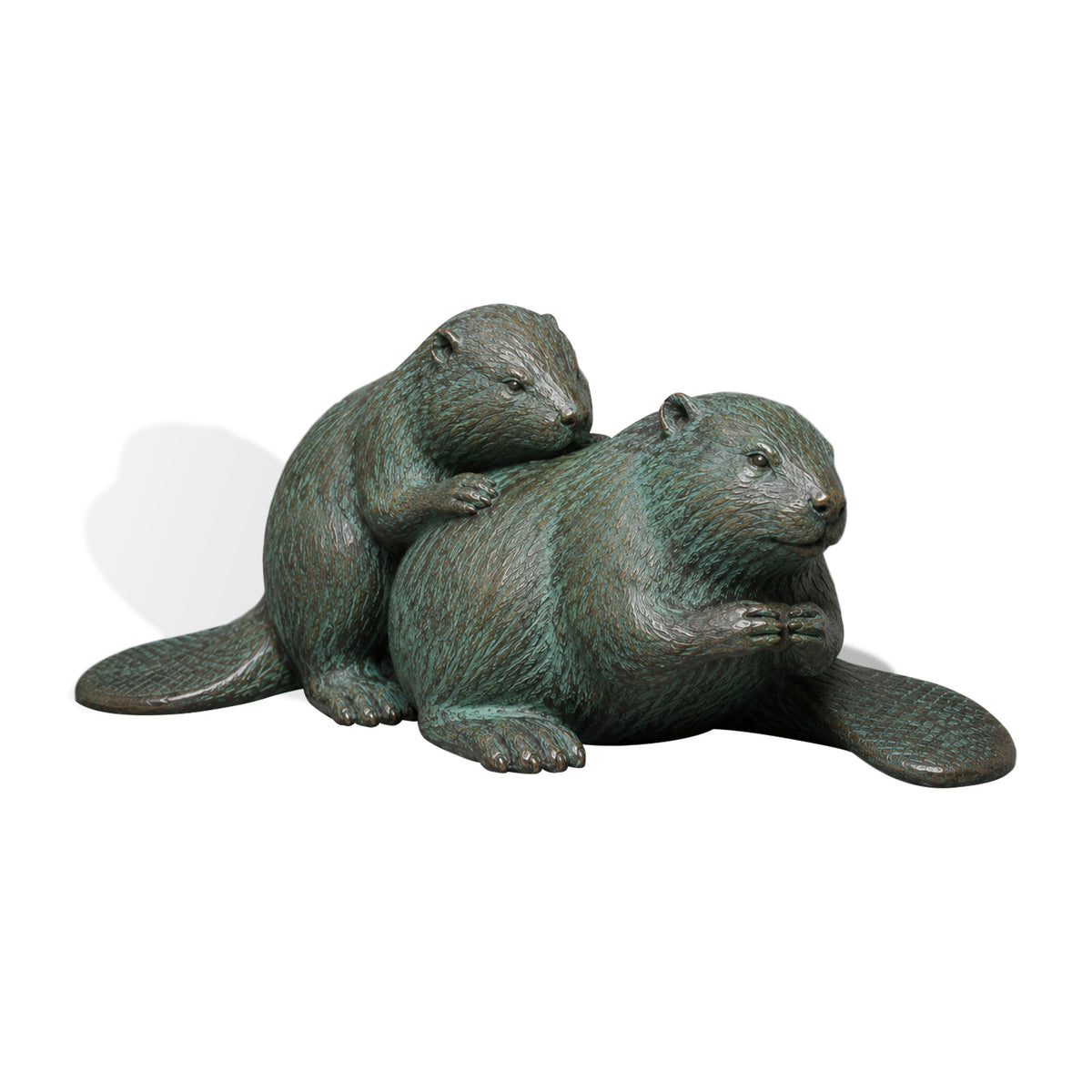 Bronze beaver sculpture featuring two beavers with detailed fur texture and green patina finish on a white background.