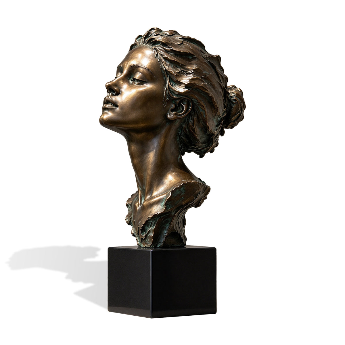 Bronze bust sculpture of a woman in profile with her head tilted upward, mounted on a black rectangular pedestal against a white background.