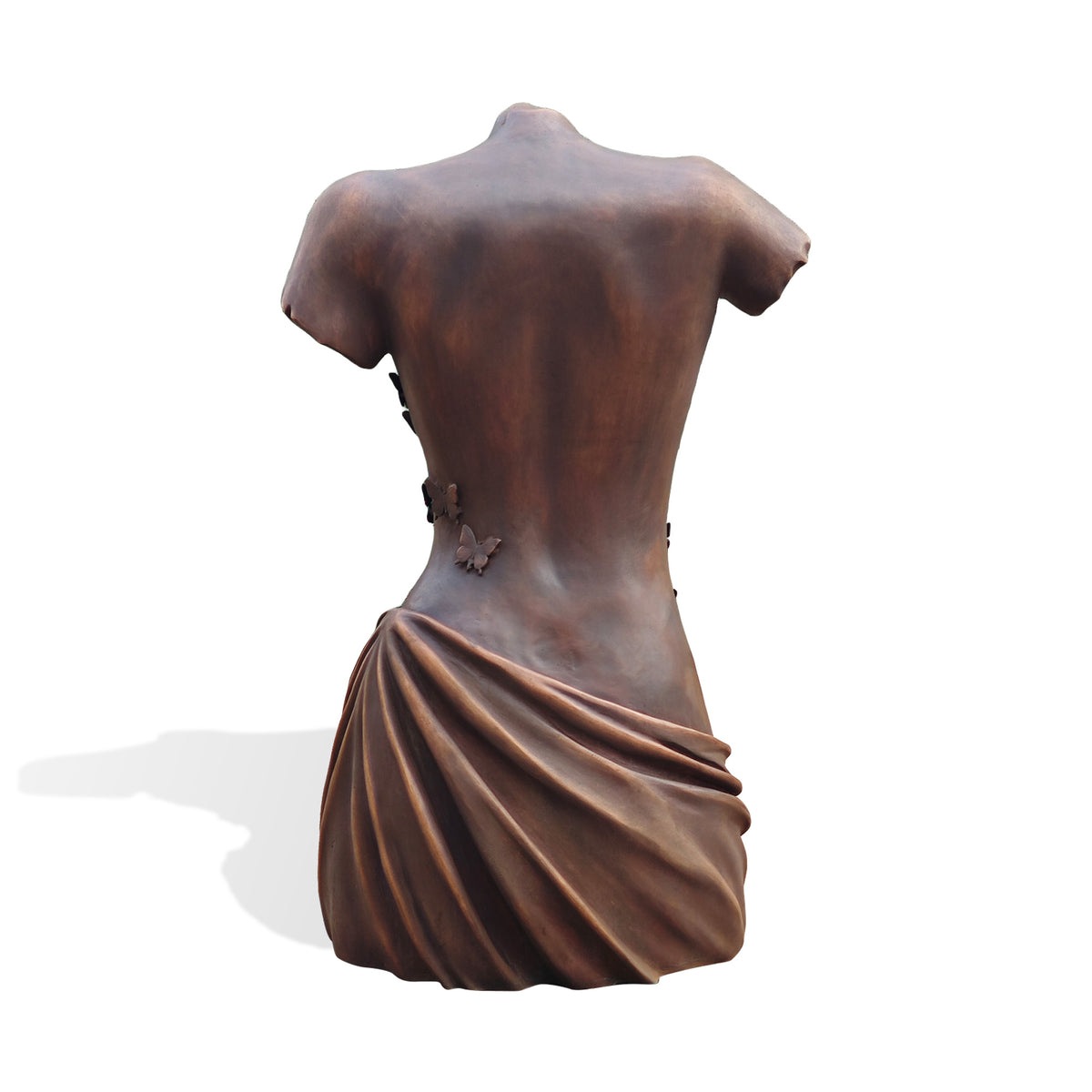 Back view of a bronze female torso sculpture showing the smooth sculpted back and flowing drapery