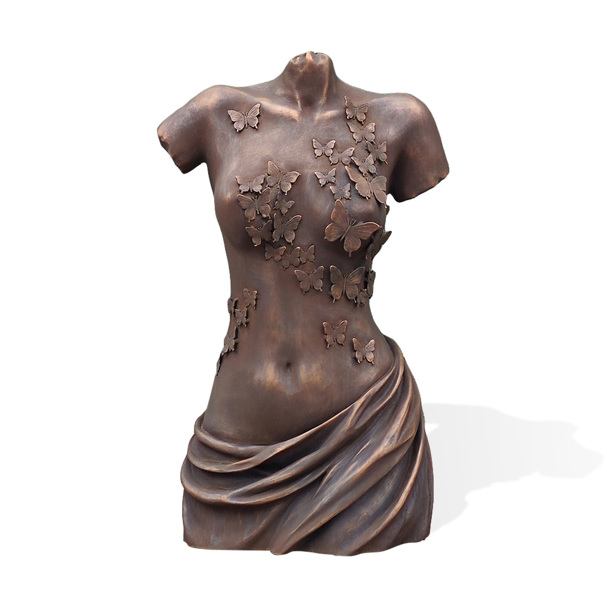 Front view of a bronze female torso sculpture featuring raised butterfly details and sculpted drapery