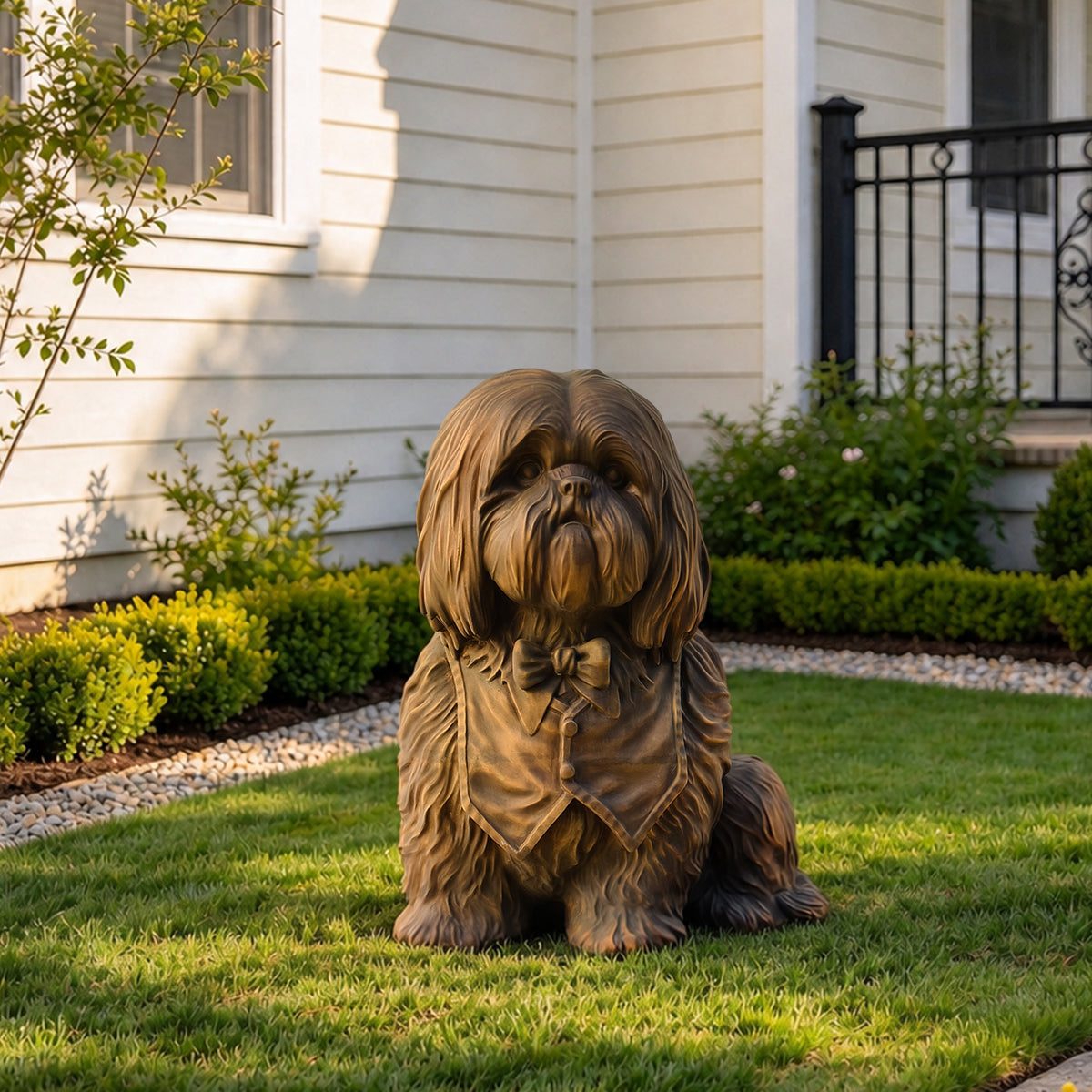 A bronze-colored statue of a Shih Tzu dog wearing a bow tie and vest, sitting on a green lawn in front of a white house with shrubs.