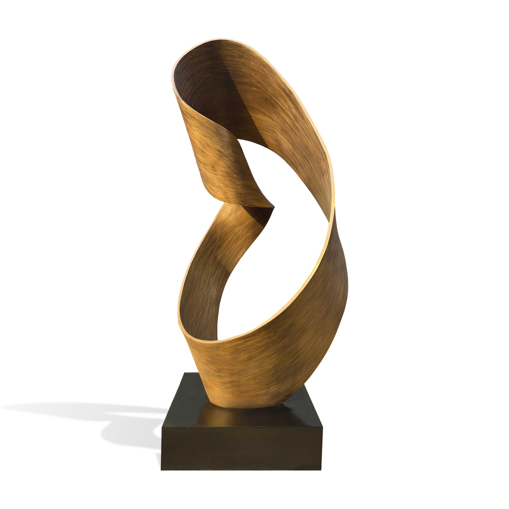 abstract bronze sculpture modern art front view elegant looped design with polished golden finish, perfect for luxury gardens and interiors