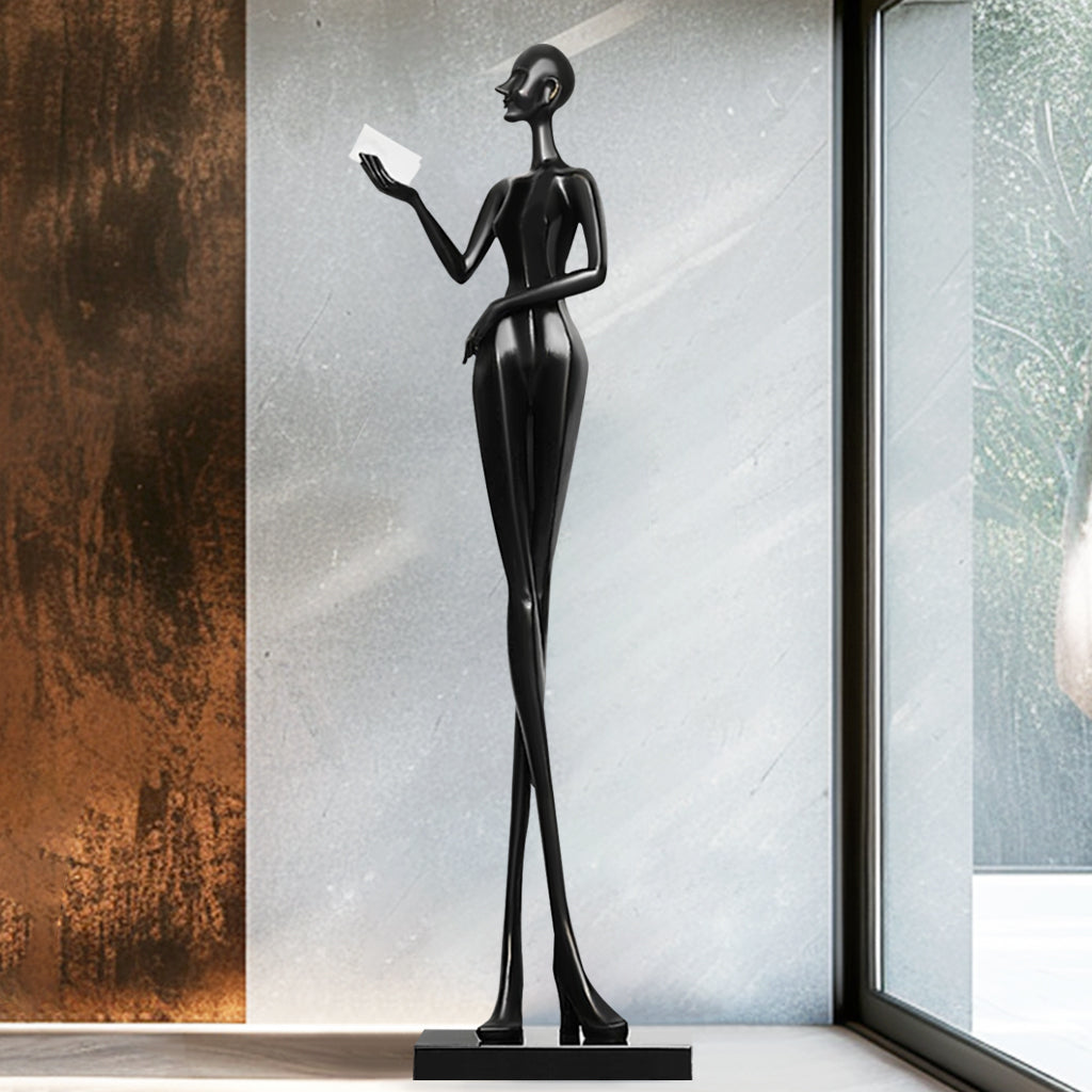 Custom human abstract black indoor floor sculpture with glossy black finish, display indoor living room