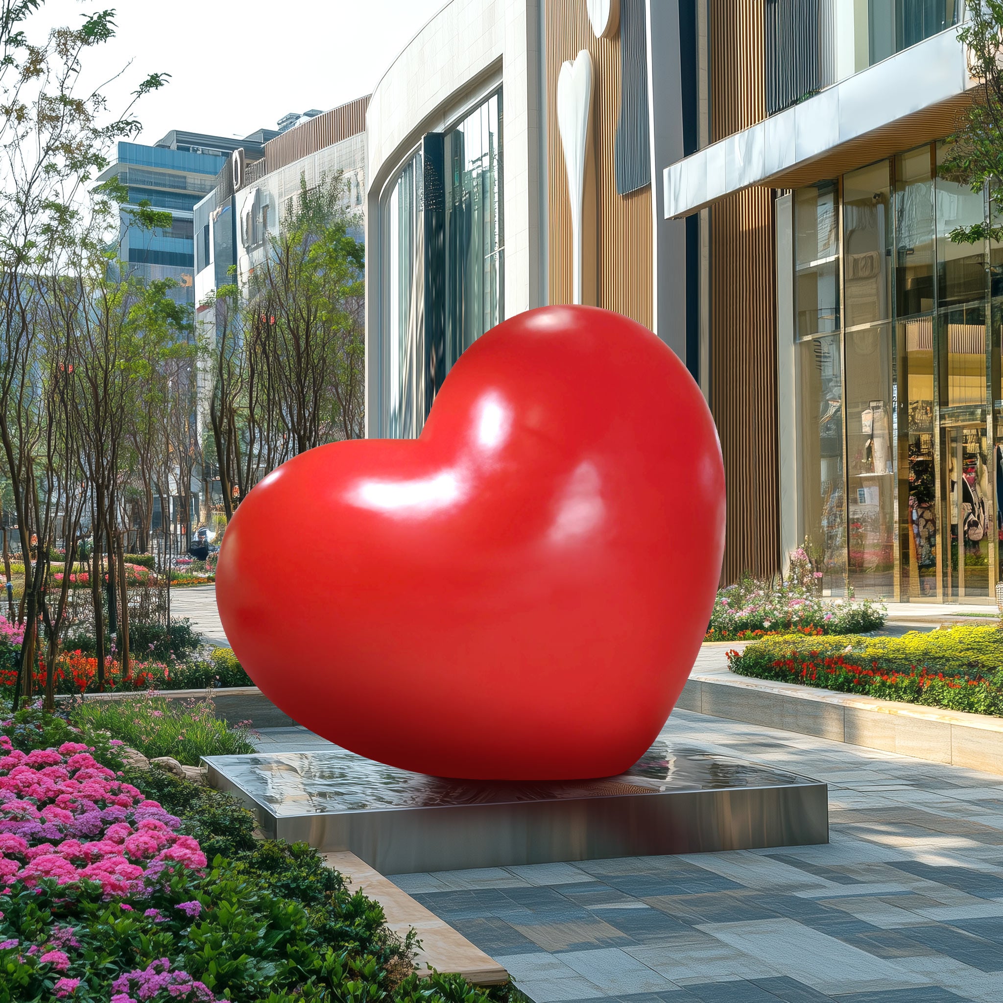 Large red heart sculpture made of fiberglass, displayed in a modern outdoor setting with flowers and contemporary buildings.