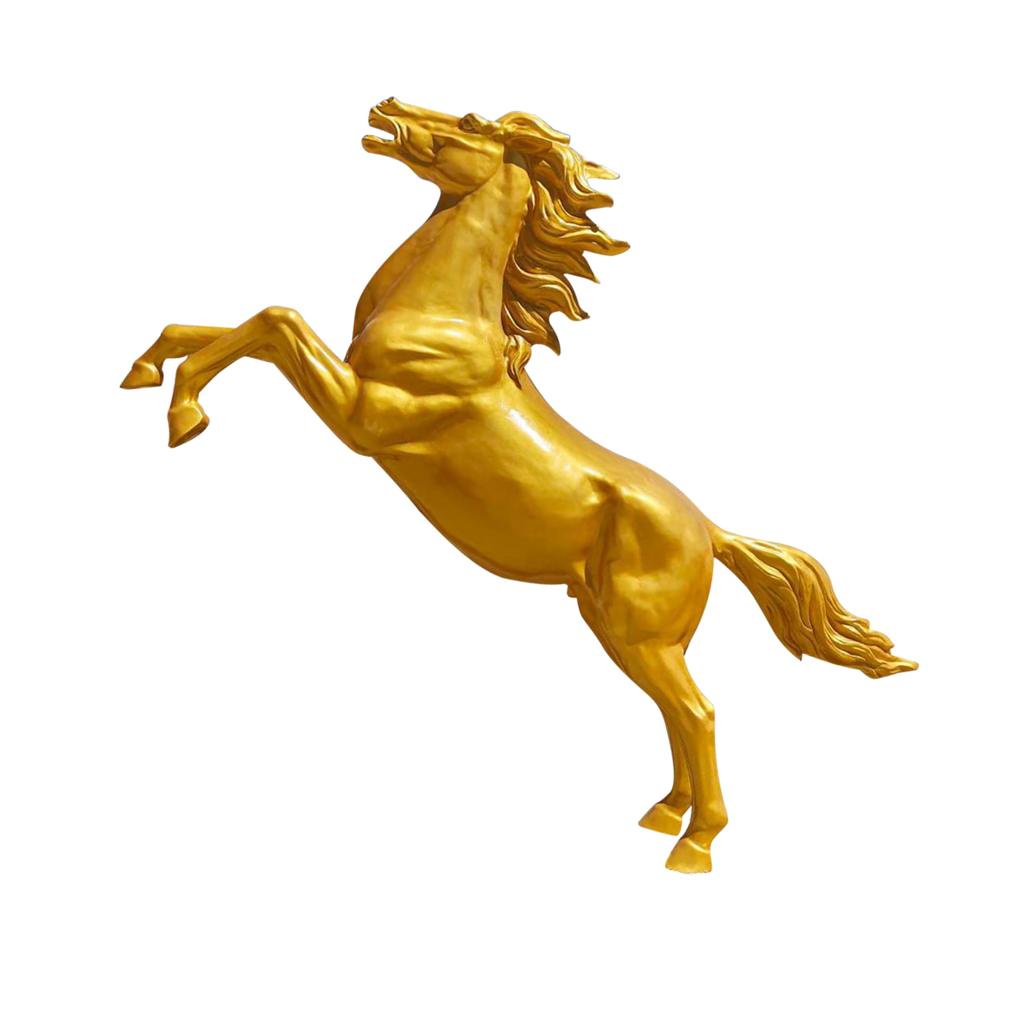 Golden fiberglass rearing horse sculpture with a glossy finish