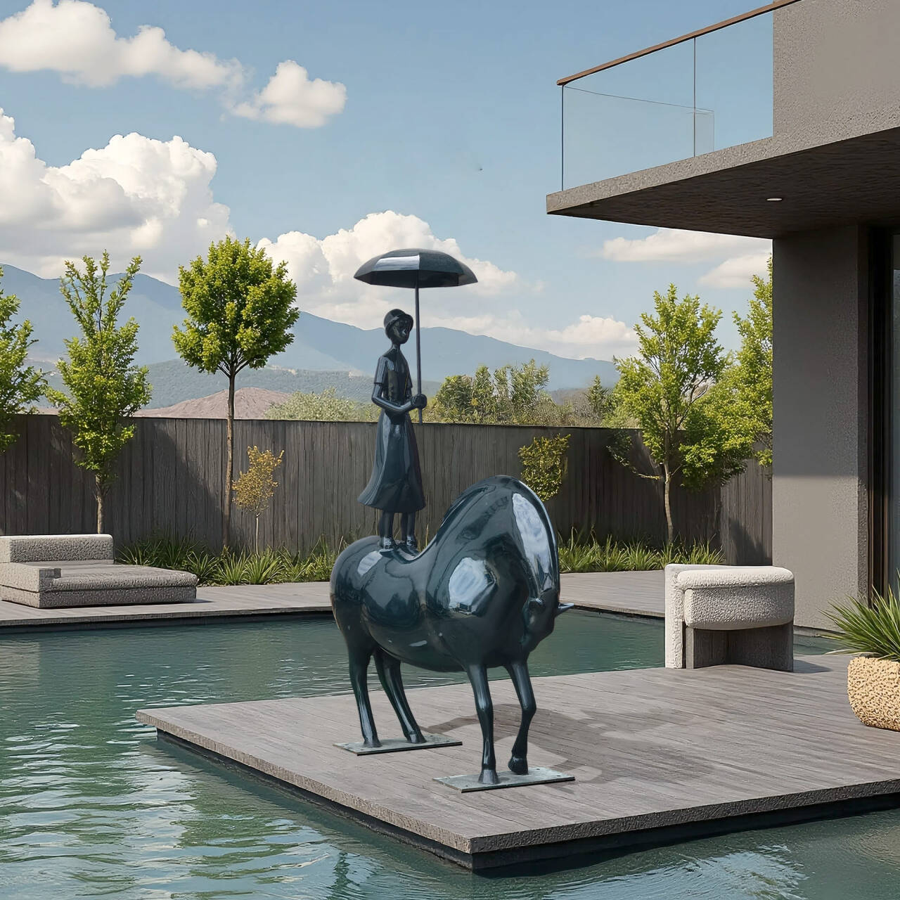 Fiberglass statue of a young girl standing on a stylized horse with an umbrella, modern garden art piece for outdoor display.