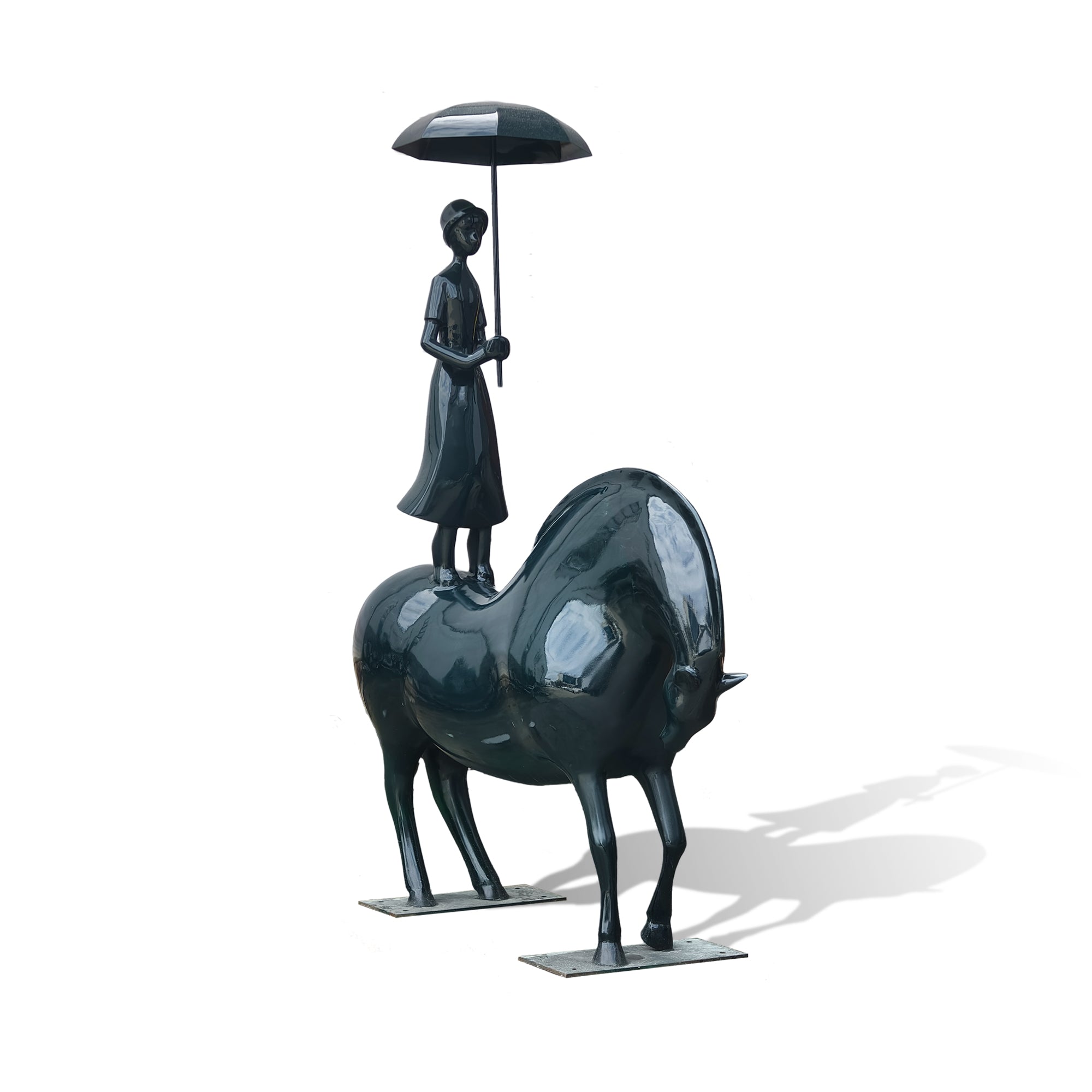 Contemporary fiberglass sculpture featuring a girl balancing on a horse while holding an umbrella, ideal for villa gardens and hotel courtyards.
