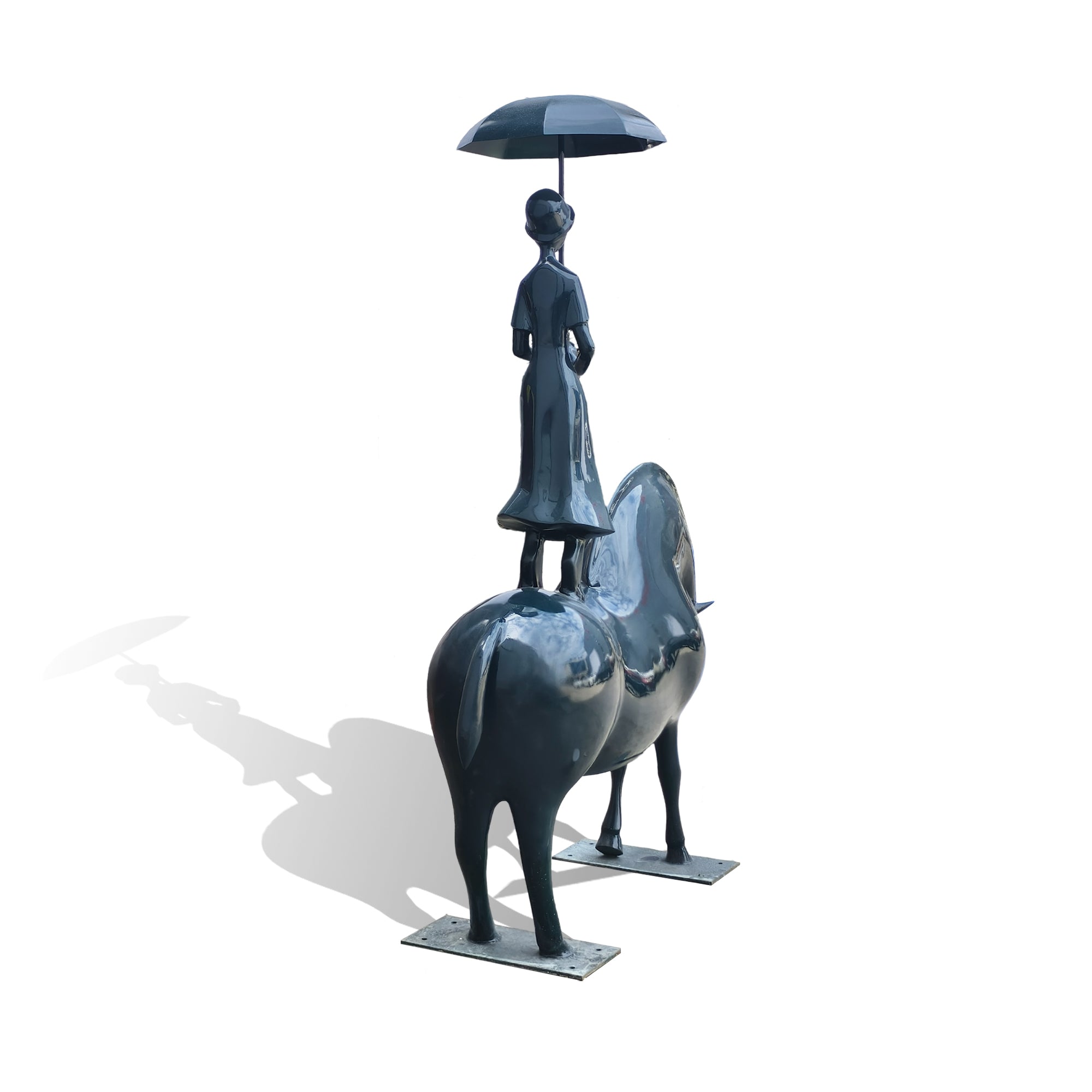 Artistic fiberglass garden statue of a girl poised on a horse, umbrella raised as a symbol of shelter and imagination.