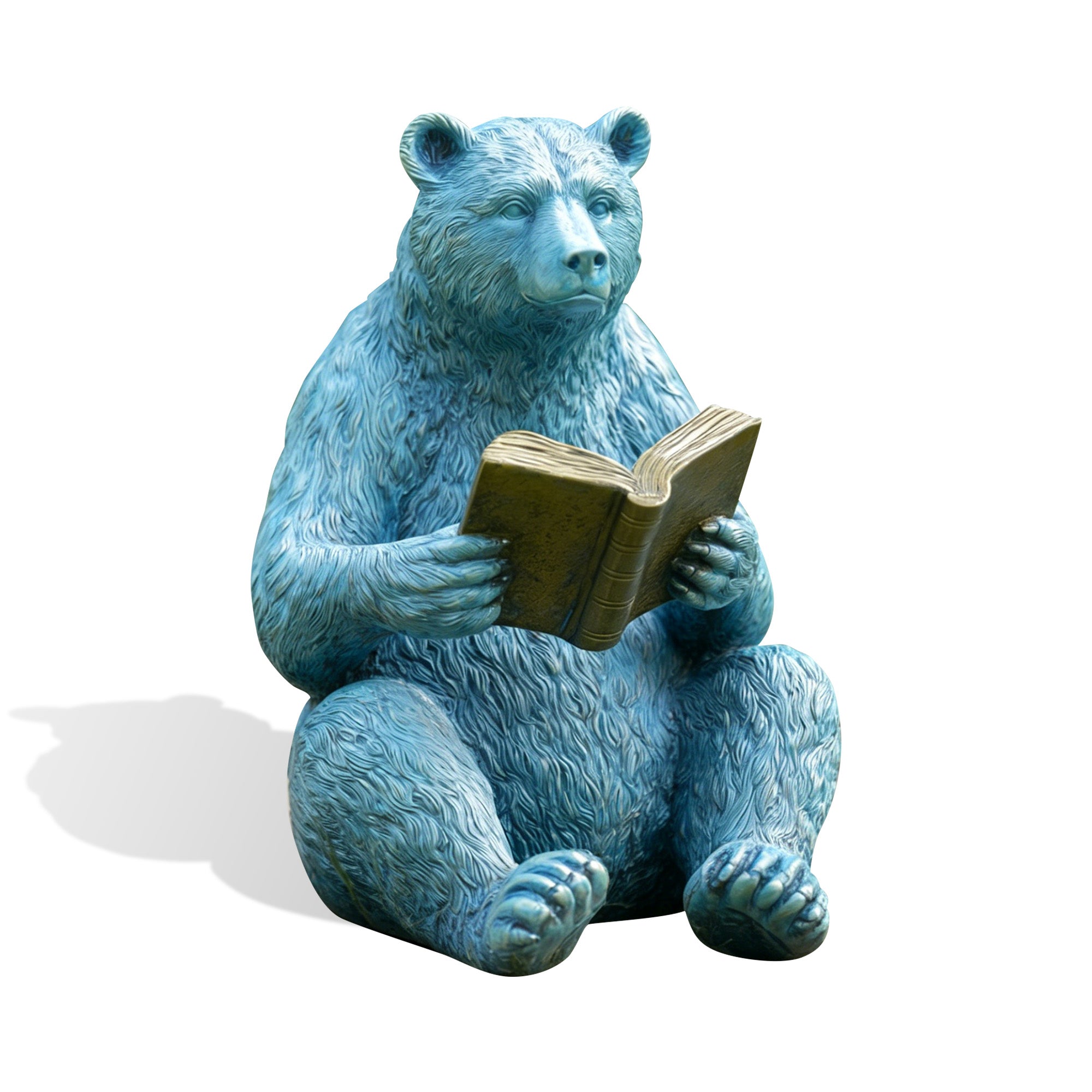 storytime reading blue bear garden sculpture holding a book on a white background