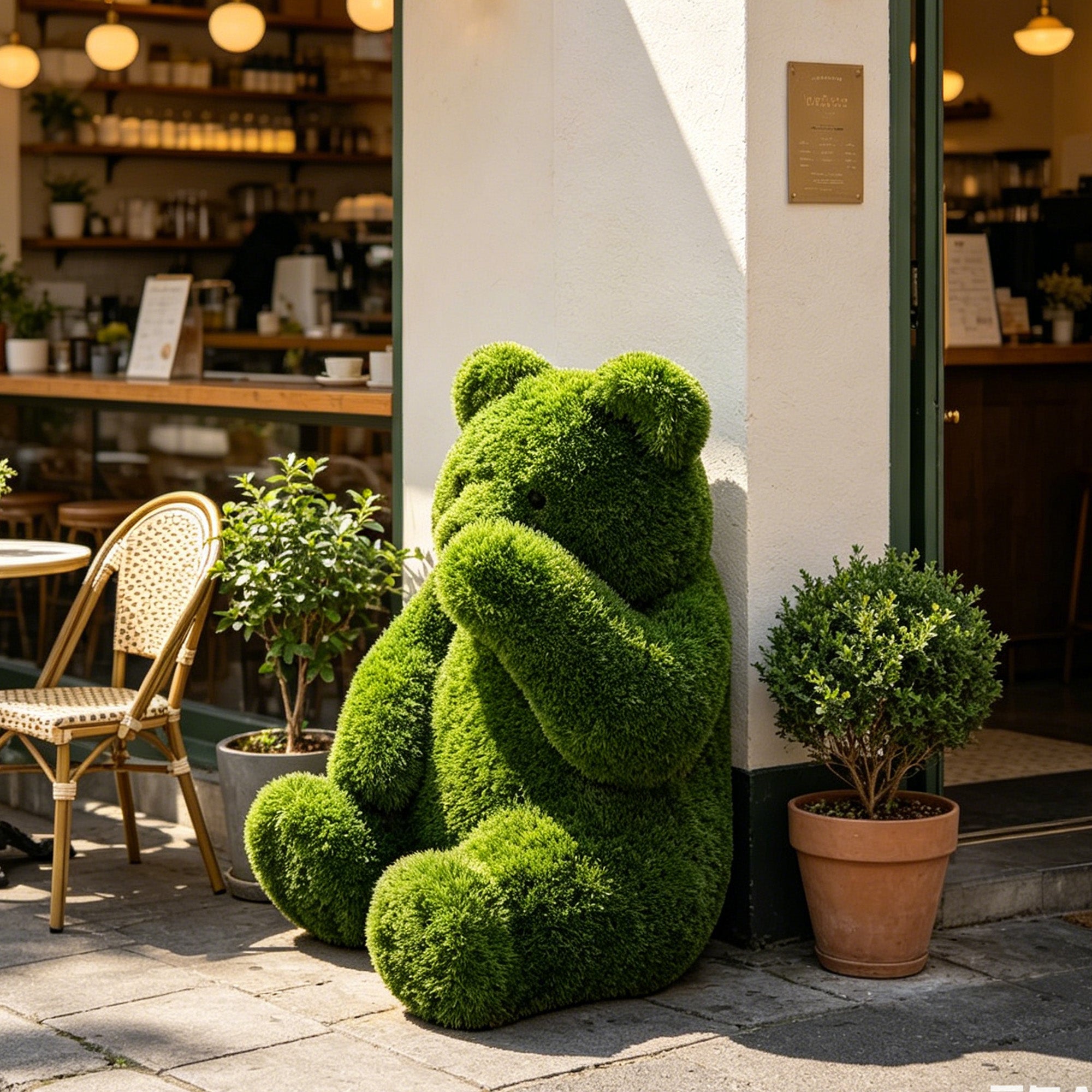 Artificial grass bear sculpture placed outside a cafe entrance with potted plants