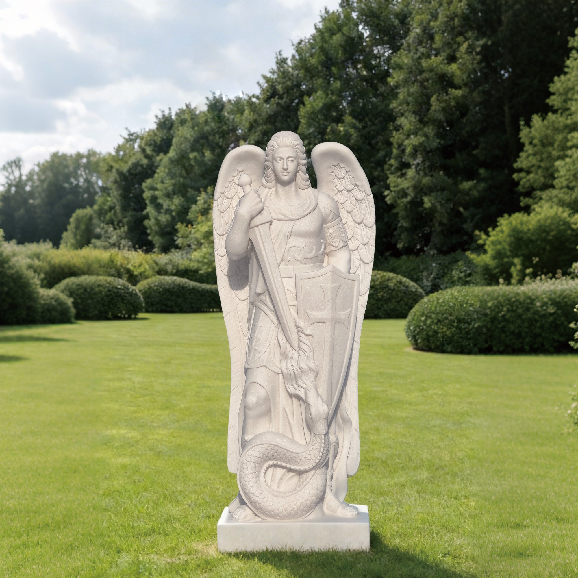 Finest-FM-002 marble statue of Saint Michael in an outdoor cemetery setting, symbolizing protection and remembrance. A timeless memorial sculpture for graves, memorial gardens, and commemorative spaces