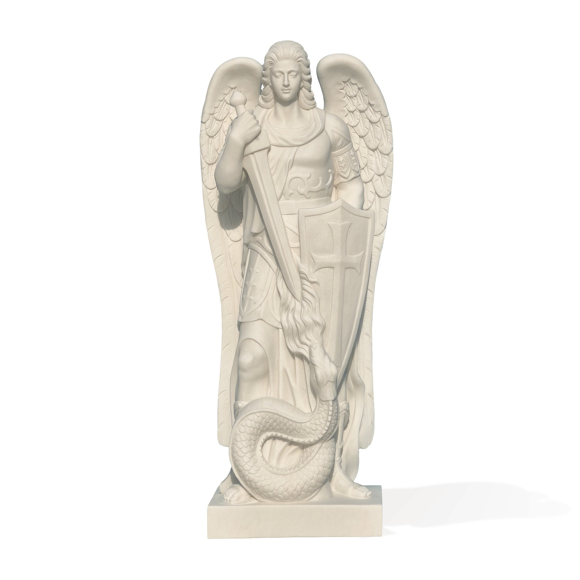 Front view of Finest-FM-002 marble memorial statue of Saint Michael the Archangel, holding a sword and shield while standing over a serpent. This detailed sculpture is perfect for cemetery memorials and honoring loved ones