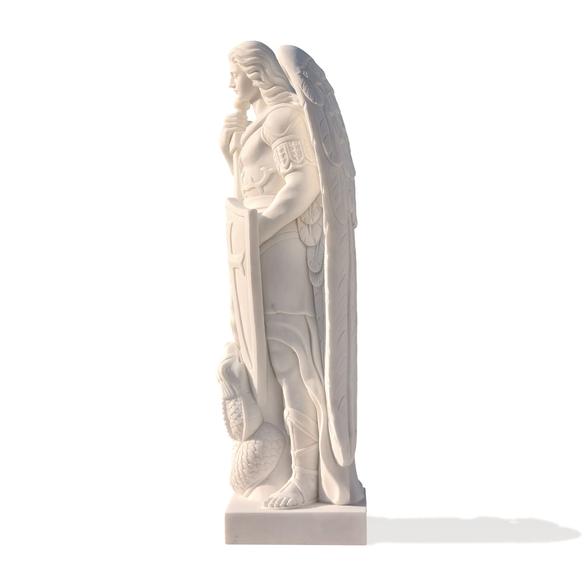 Side view of Finest-FM-002 marble statue of Saint Michael, showcasing intricate details of the angel's armor and wings. A stunning piece perfect for gardens and spiritual spaces