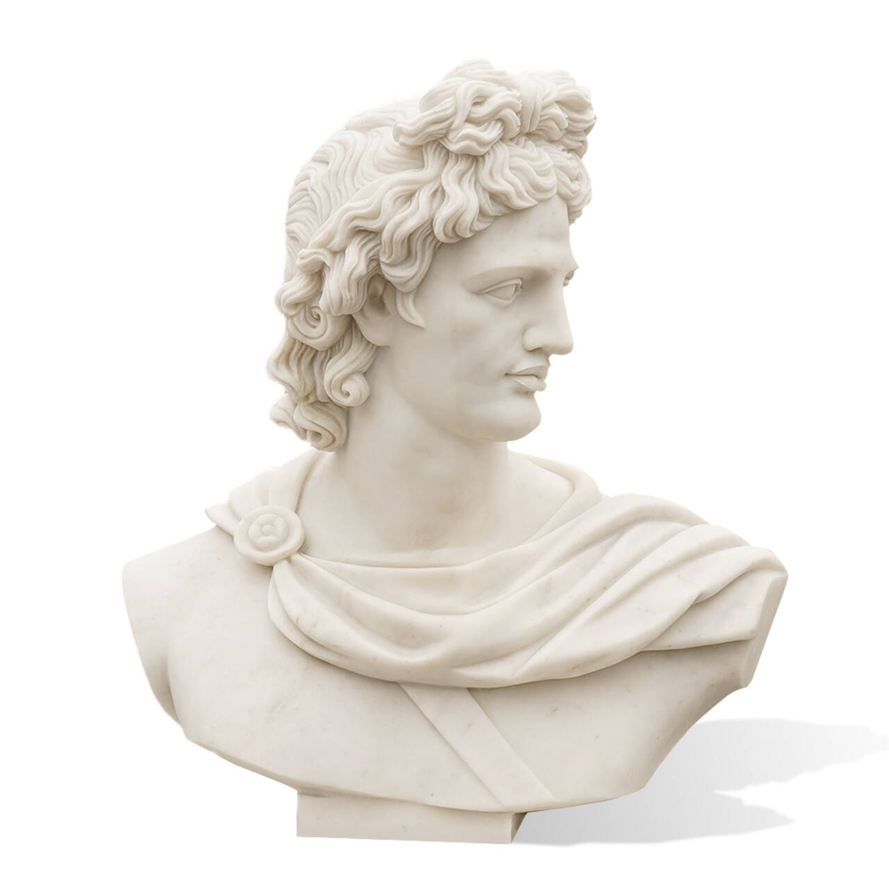 Apollo bust in pure white marble, capturing the essence of Greek mythology with detailed curls, strong facial features, and a smooth, refined finish ideal for luxury art displays.