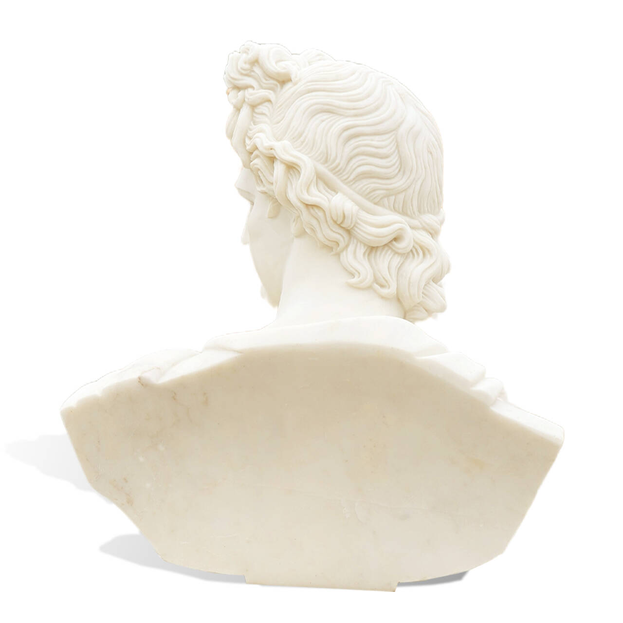 The back view of classical bust of Apollo, the sun god, sculpted from premium marble with refined features, symbolizing beauty and strength in Greek mythology.