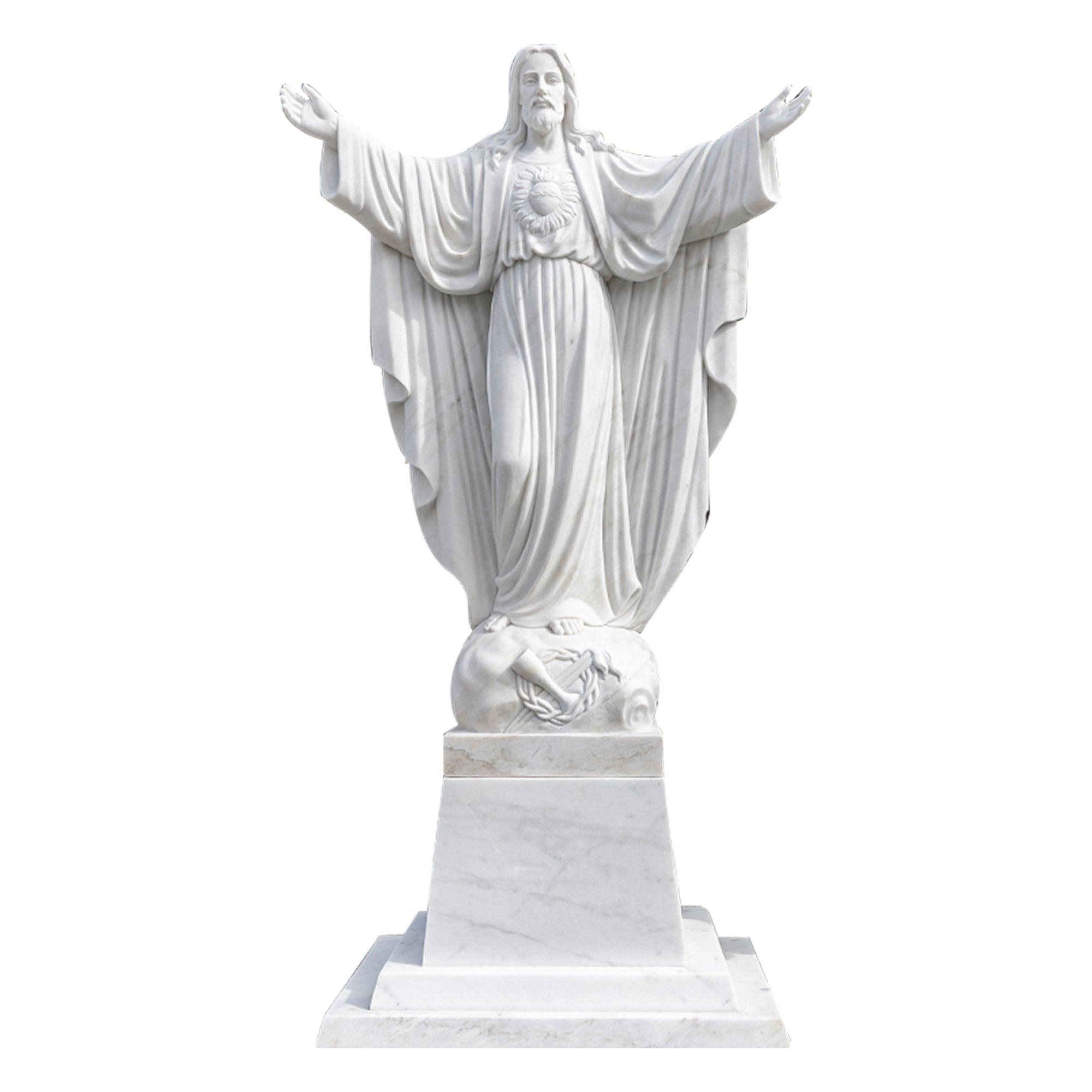 White Marble Scared Heart Of Jesus Statues with pedestal