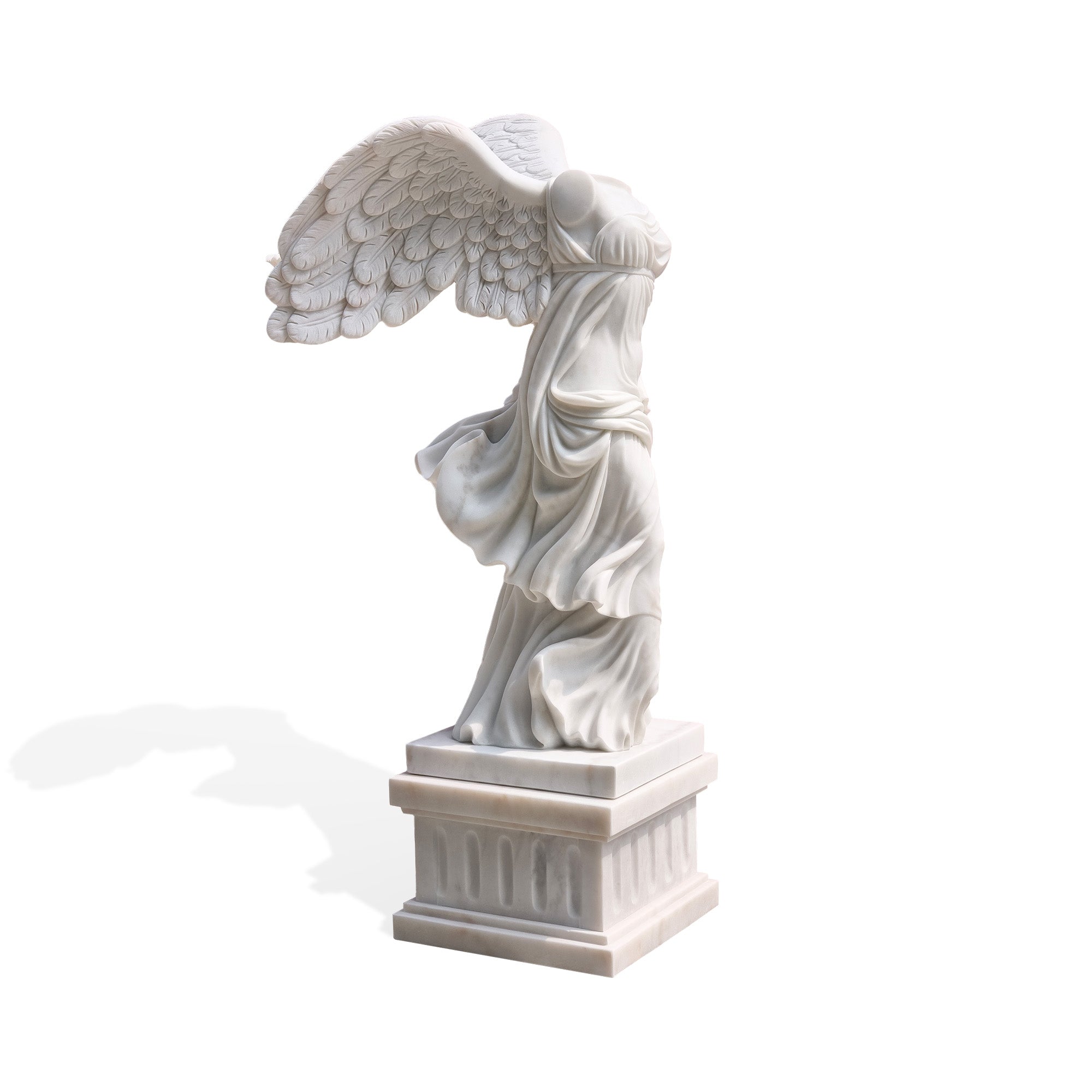 Marble replica of the Winged Victory of Samothrace, available in stock with dimensions 27.1W x 75H x 38.3D, showing the dynamic movement of the angel’s wings and flowing robes