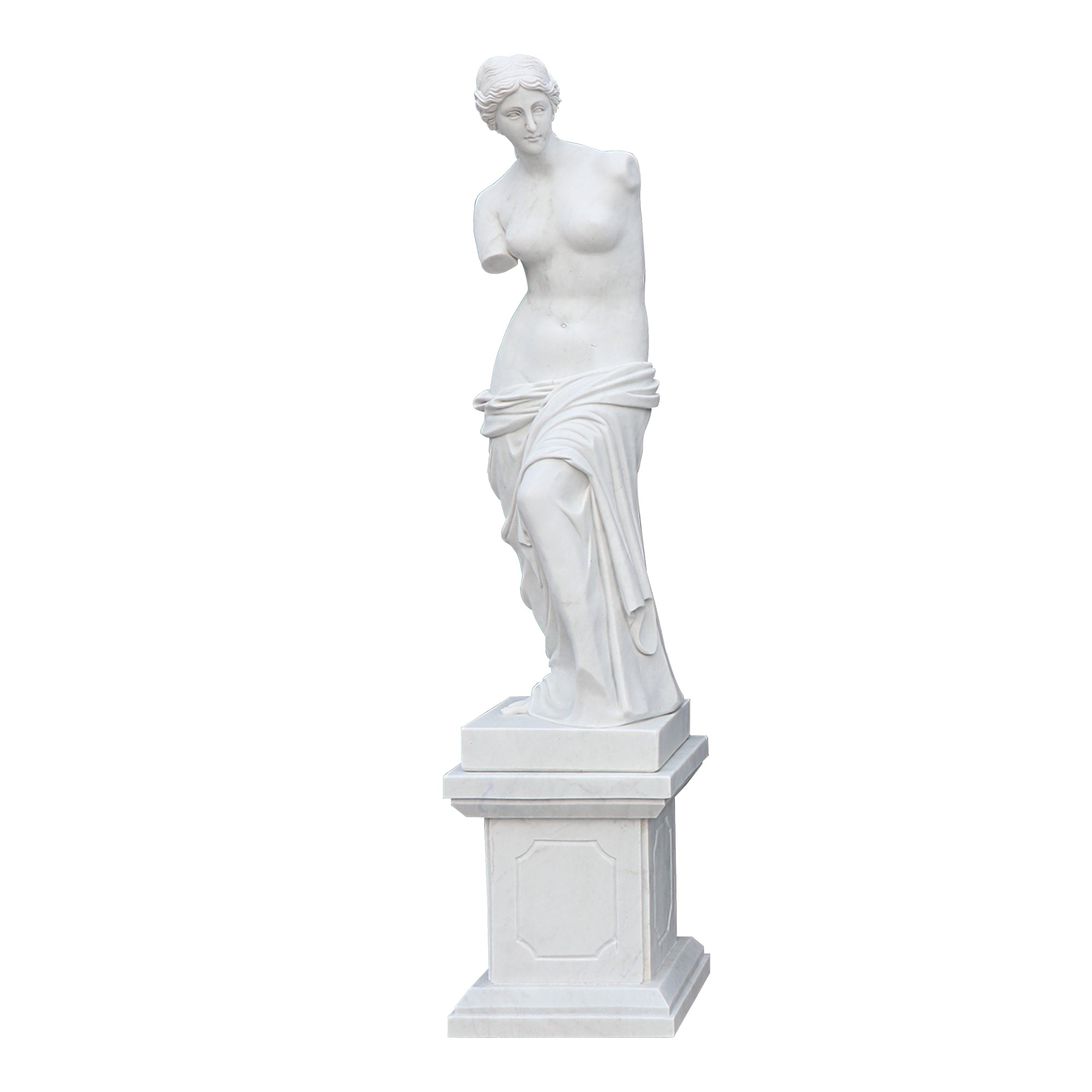White marble Venus de Milo replica statue on a square pedestal