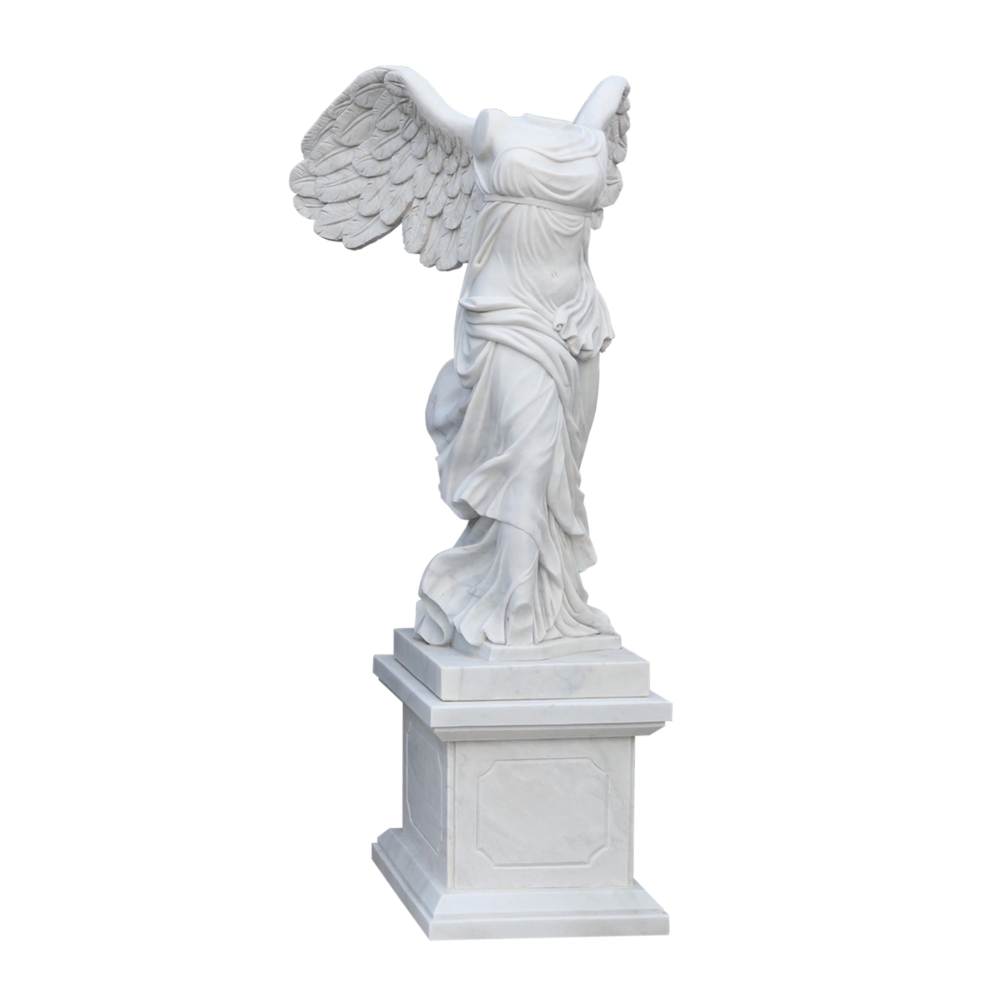 White marble Winged Victory of Samothrace statue with detailed wings and flowing drapery, displayed on a pedestal for indoor or outdoor use.