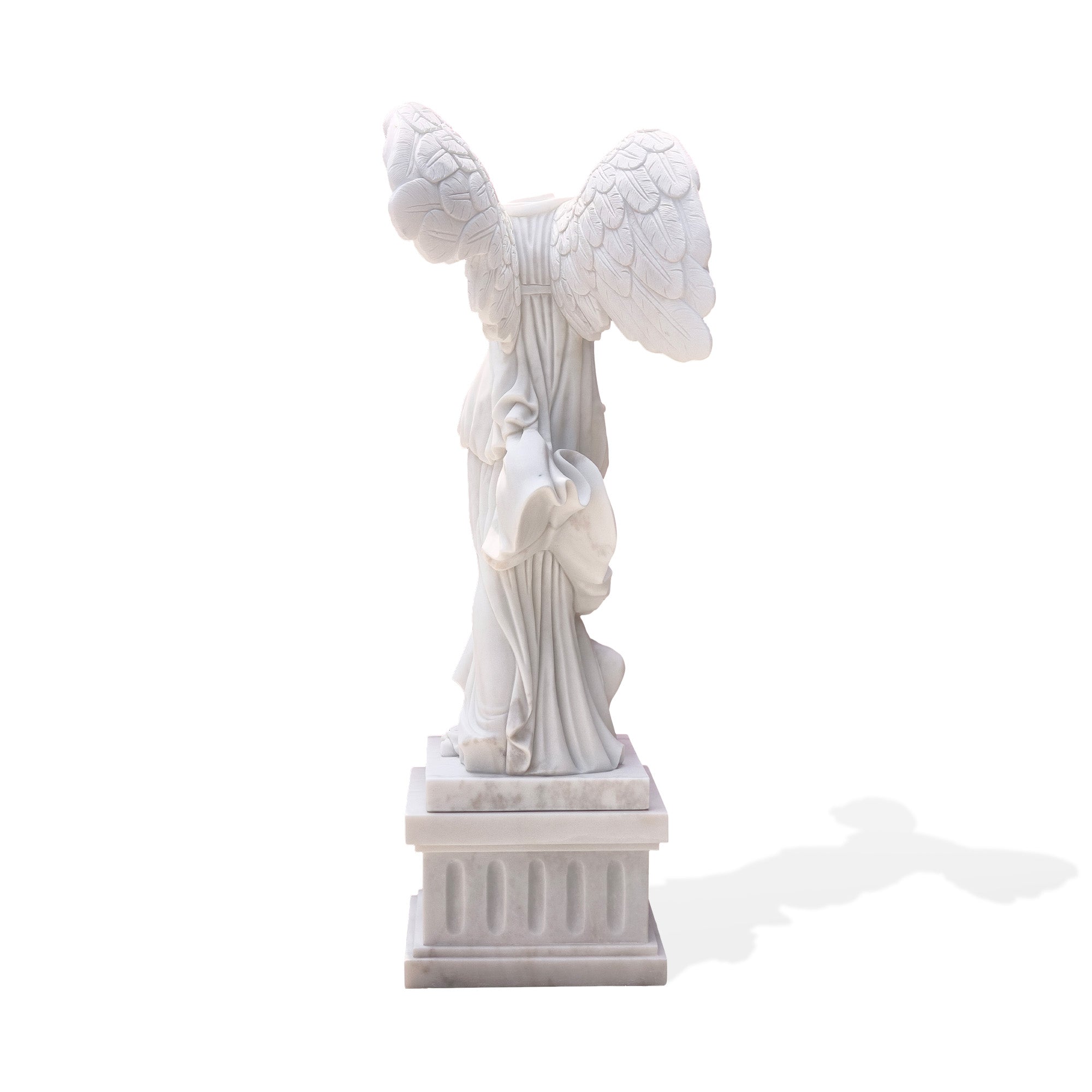 Back view of the Winged Victory of Samothrace replica, showcasing the intricate wing design and graceful posture, dimensions 27.1W x 75H x 38.3D including the base