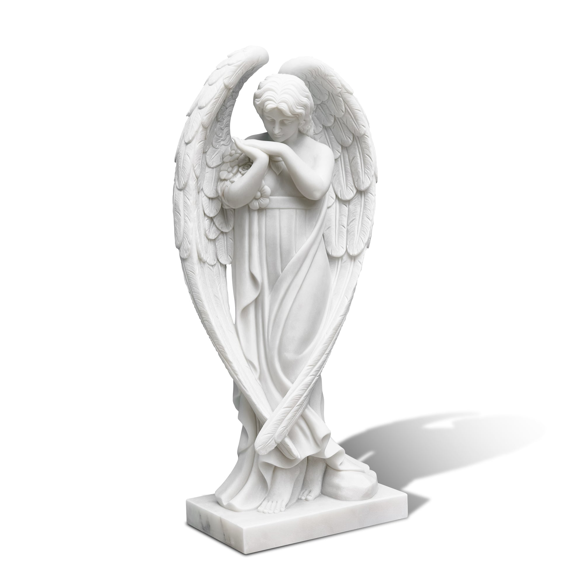 front view of marble angel statue for garden decor on white background