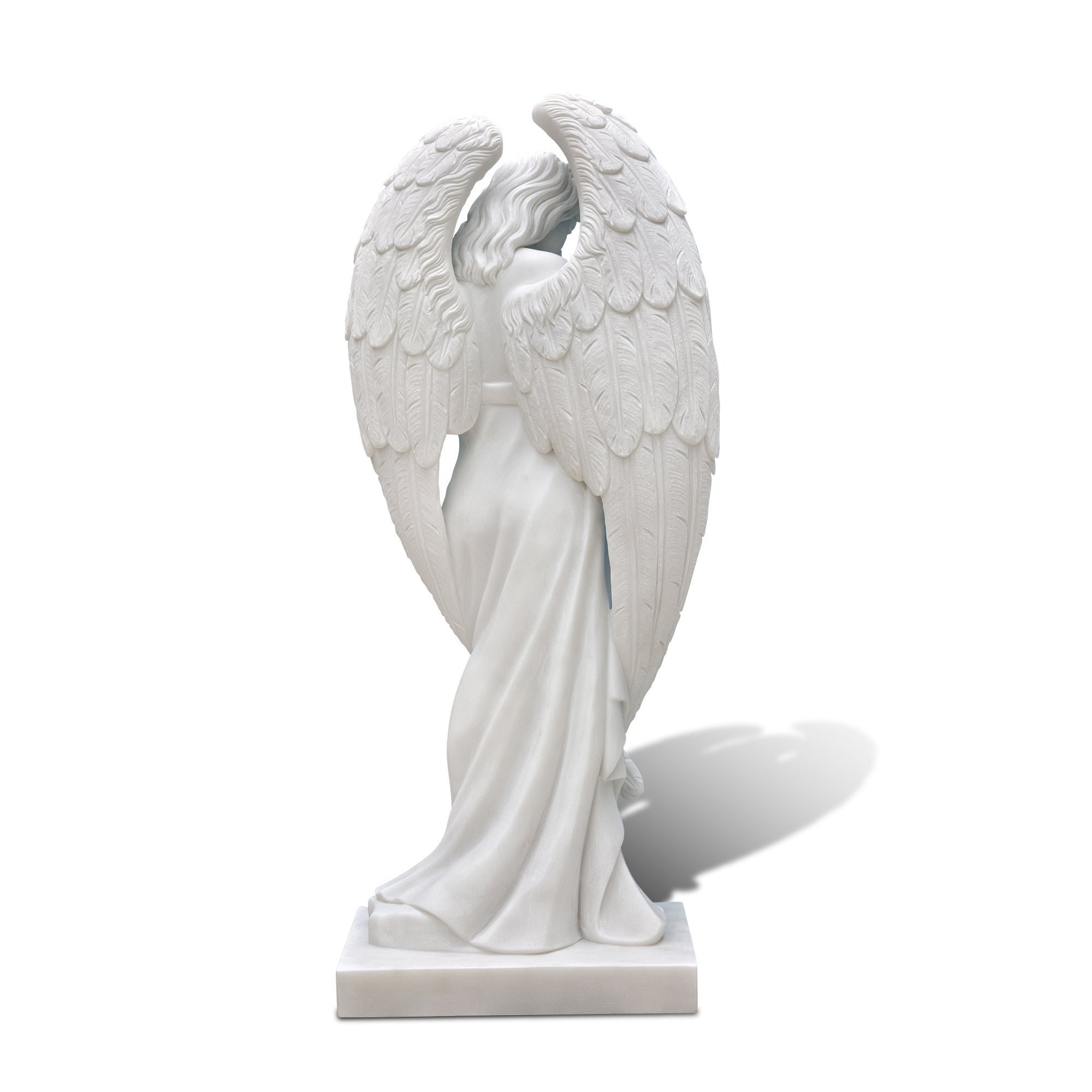 Back view of marble angel sculpture with detailed wings – spiritual garden figurine